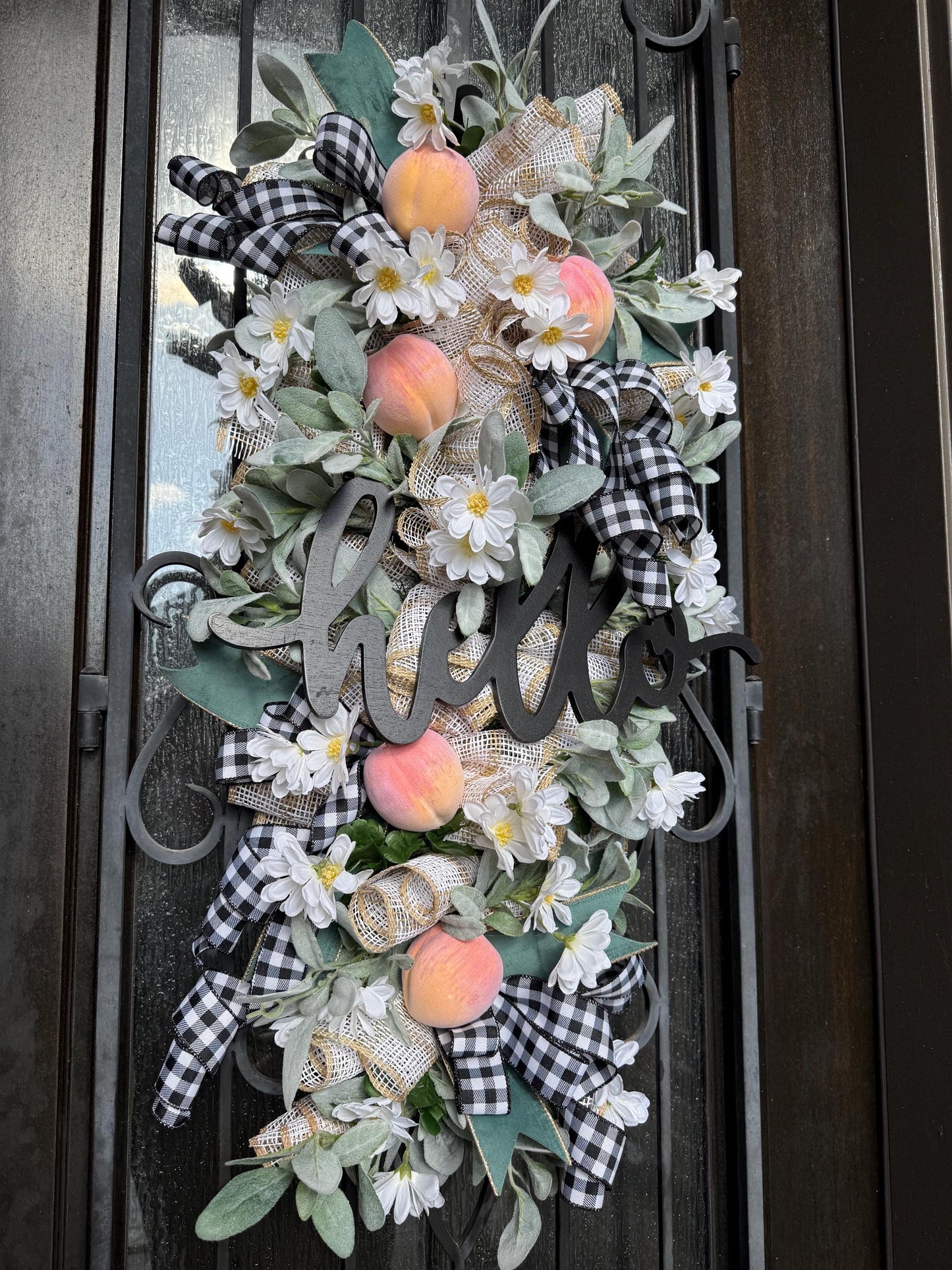 Peach & Lamb's Ear Door Swag, Handmade Spring Summer Wreath