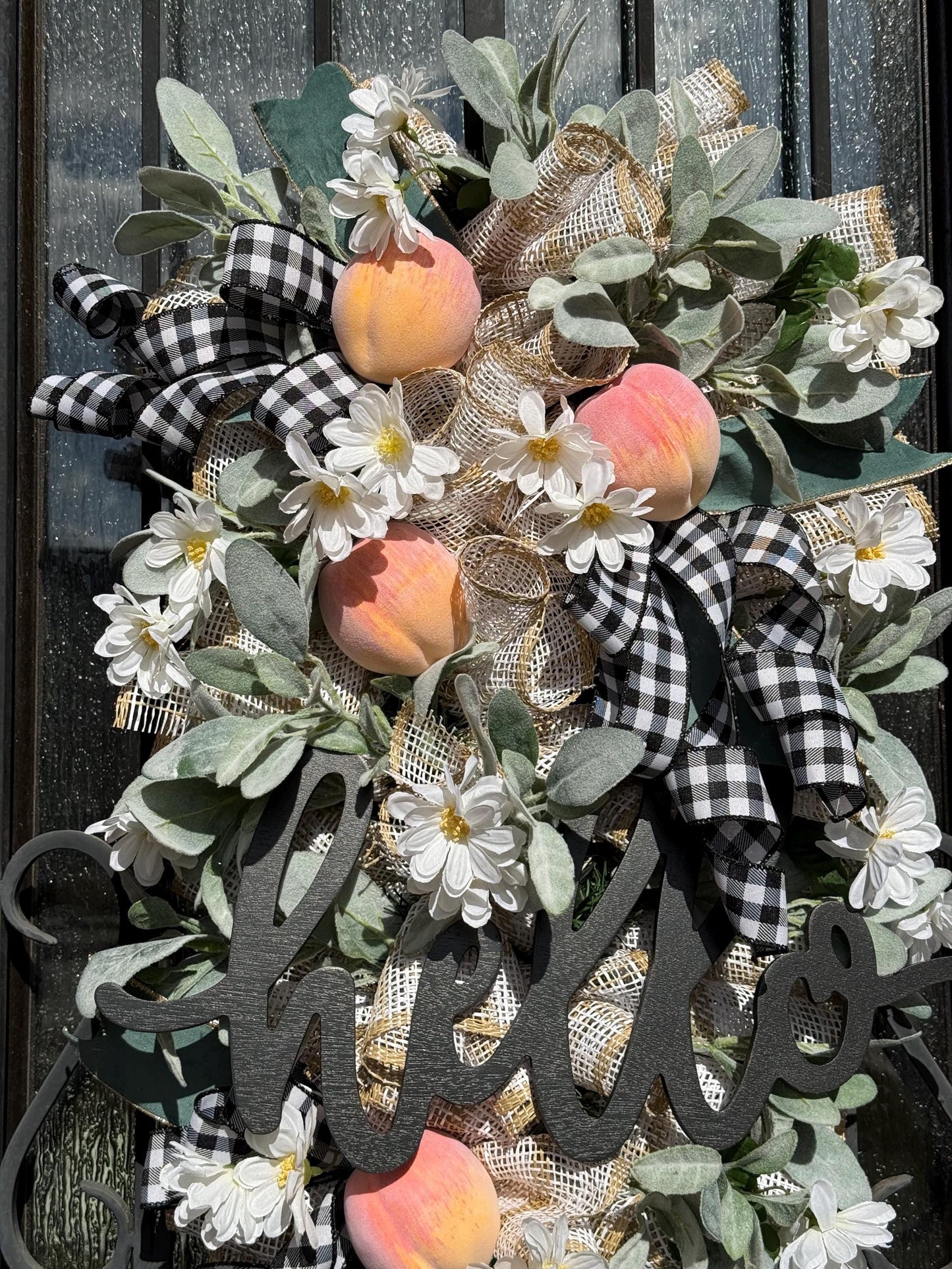 Peach & Lamb's Ear Door Swag, Handmade Spring Summer Wreath