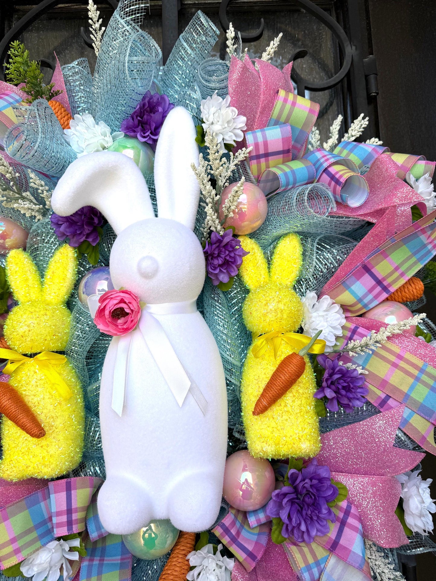Luxury Easter Bunny Wreath | Handmade Front Door Decor with Bow & Easter Eggs | Spring Porch Decoration