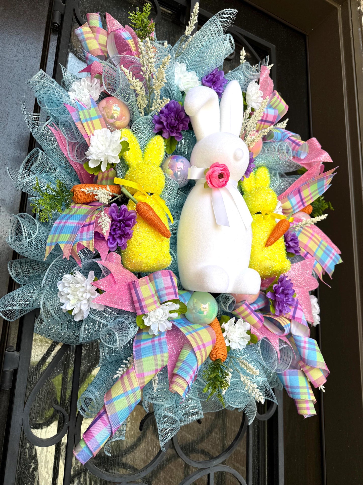Luxury Easter Bunny Wreath | Handmade Front Door Decor with Bow & Easter Eggs | Spring Porch Decoration