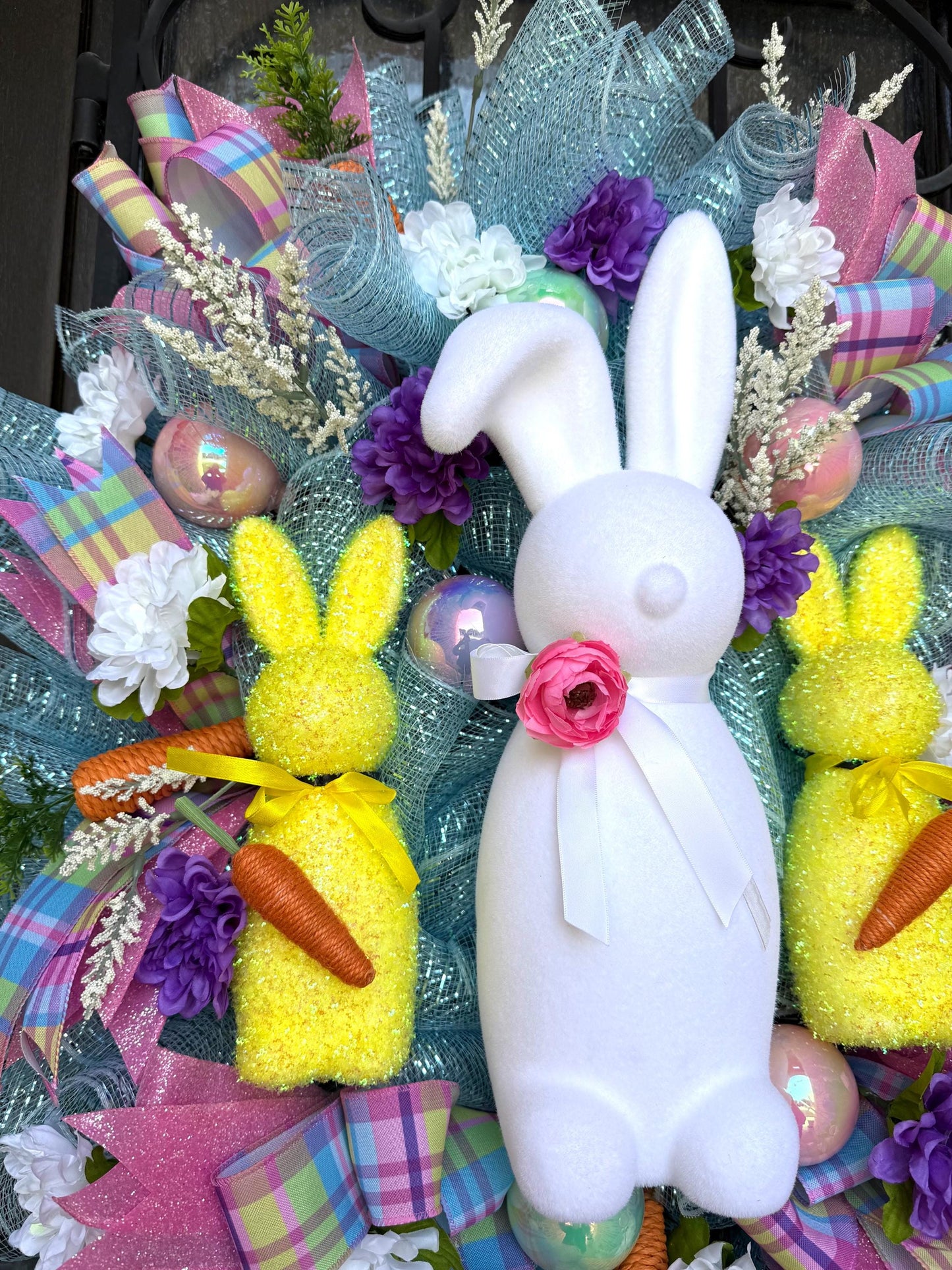 Luxury Easter Bunny Wreath | Handmade Front Door Decor with Bow & Easter Eggs | Spring Porch Decoration