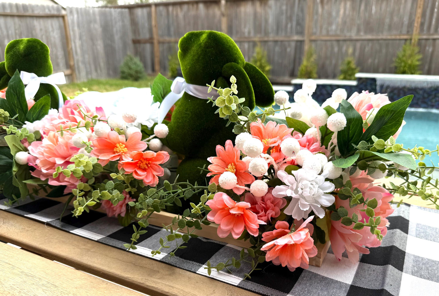 Floral Easter Centerpiece, Moss Bunny Decor, Farmhouse Table Arrangement