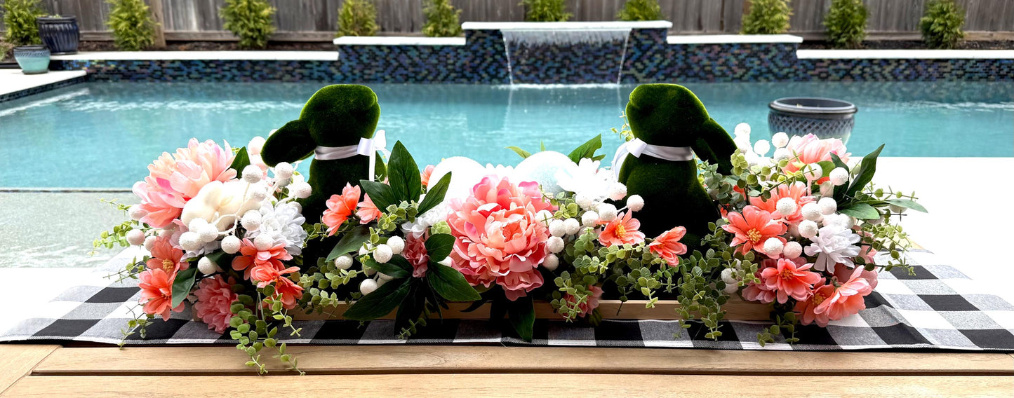 Floral Easter Centerpiece, Moss Bunny Decor, Farmhouse Table Arrangement