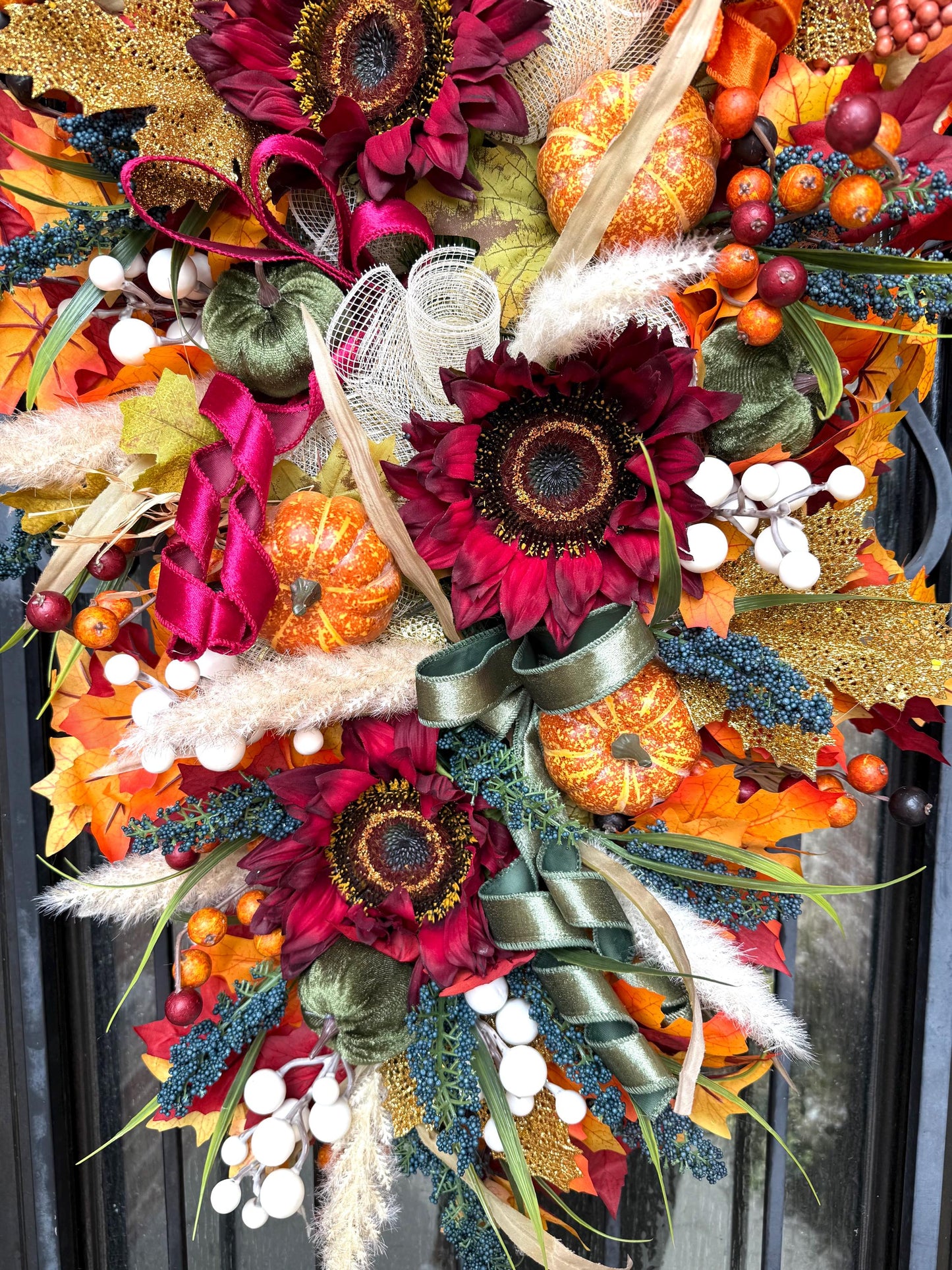 Luxury Fall Wreath for Front Door | Handmade Autumn Wreath with Pumpkins, Bows & Fall Leaves