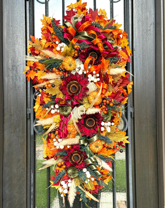 Luxury Fall Wreath for Front Door | Handmade Autumn Wreath with Pumpkins, Bows & Fall Leaves