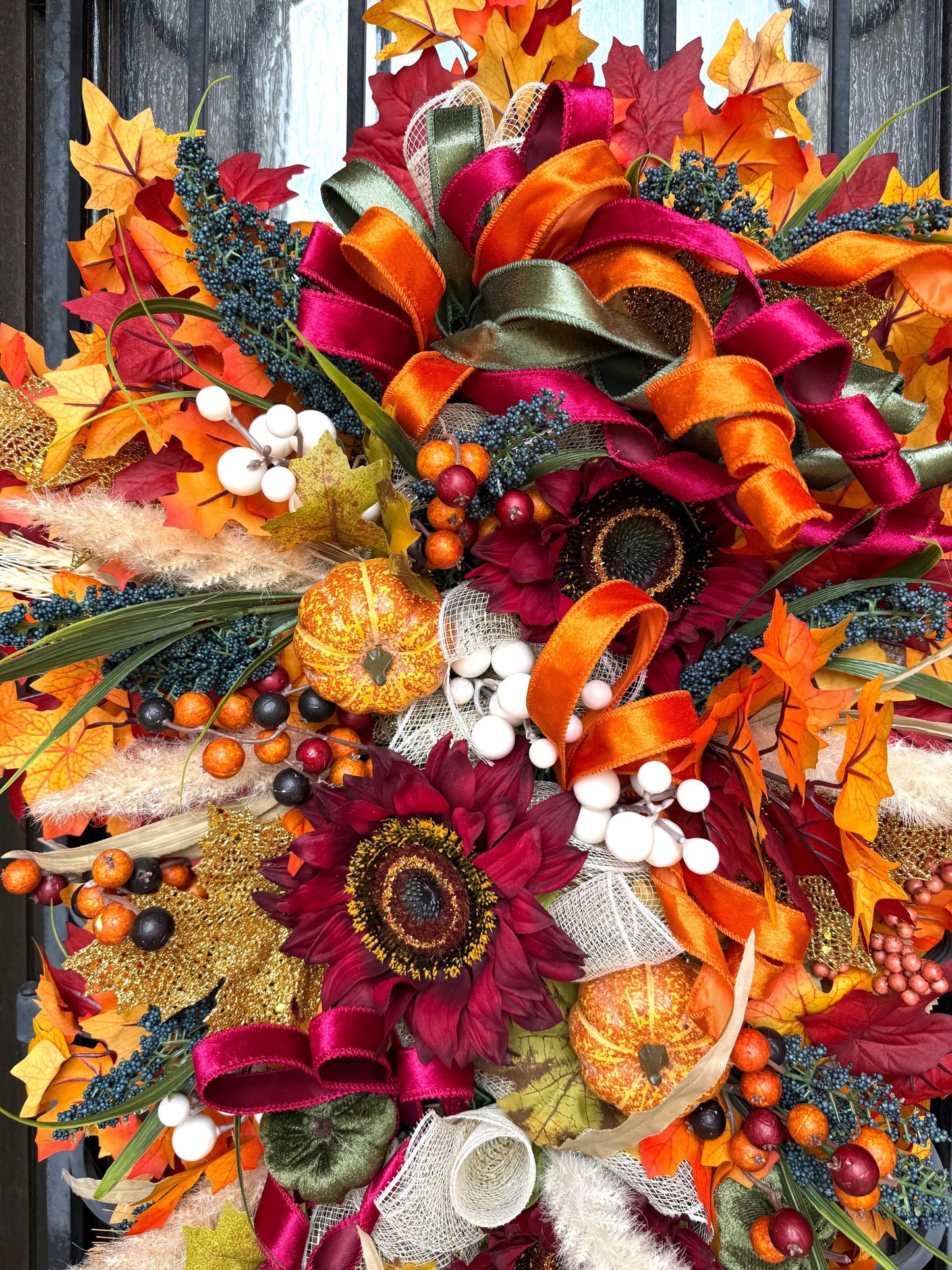 Luxury Fall Wreath for Front Door | Handmade Autumn Wreath with Pumpkins, Bows & Fall Leaves
