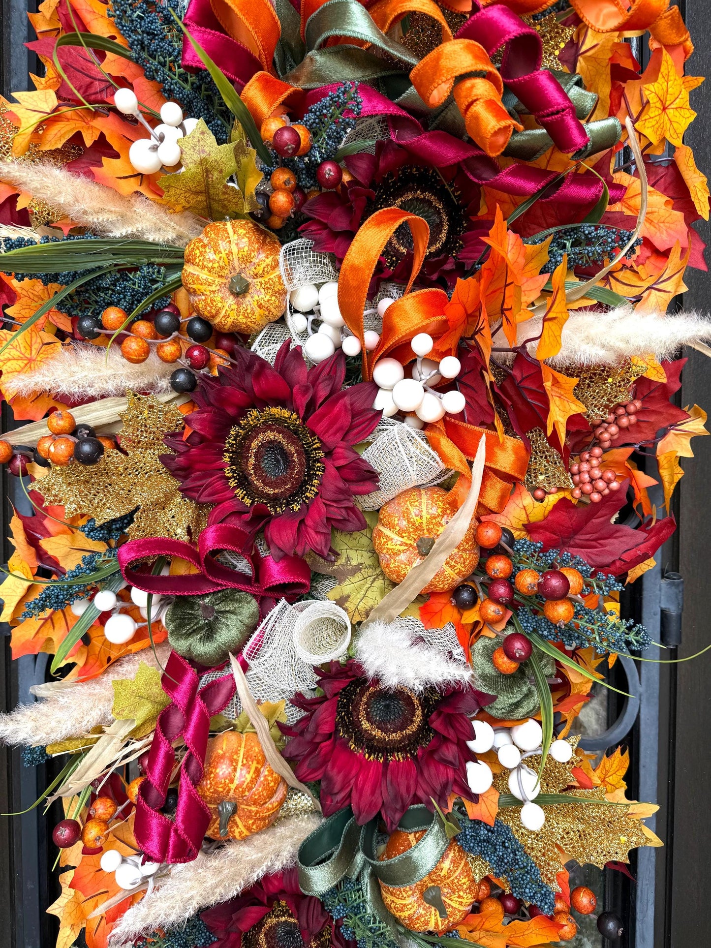 Luxury Fall Wreath for Front Door | Handmade Autumn Wreath with Pumpkins, Bows & Fall Leaves