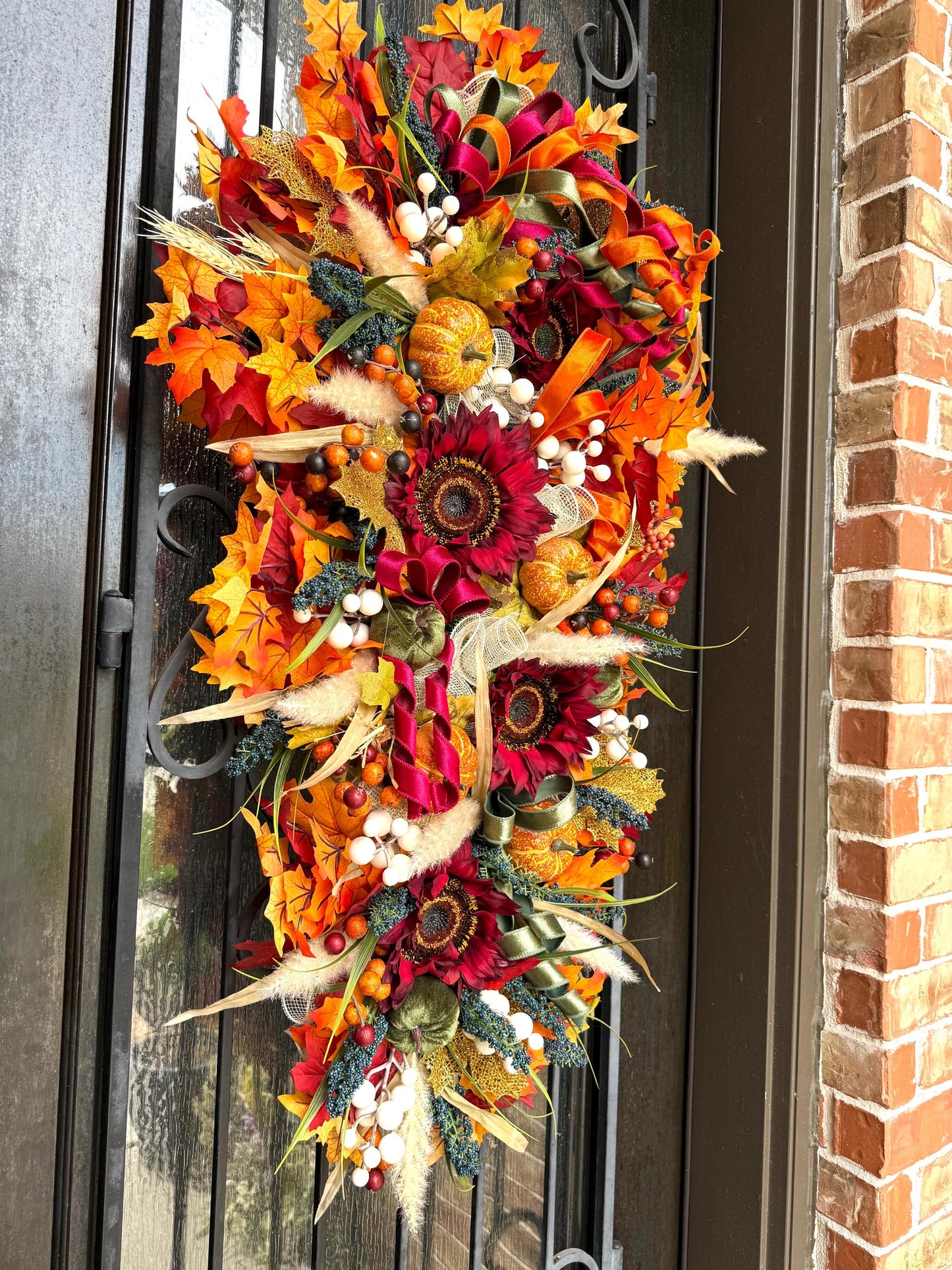 Luxury Fall Wreath for Front Door | Handmade Autumn Wreath with Pumpkins, Bows & Fall Leaves