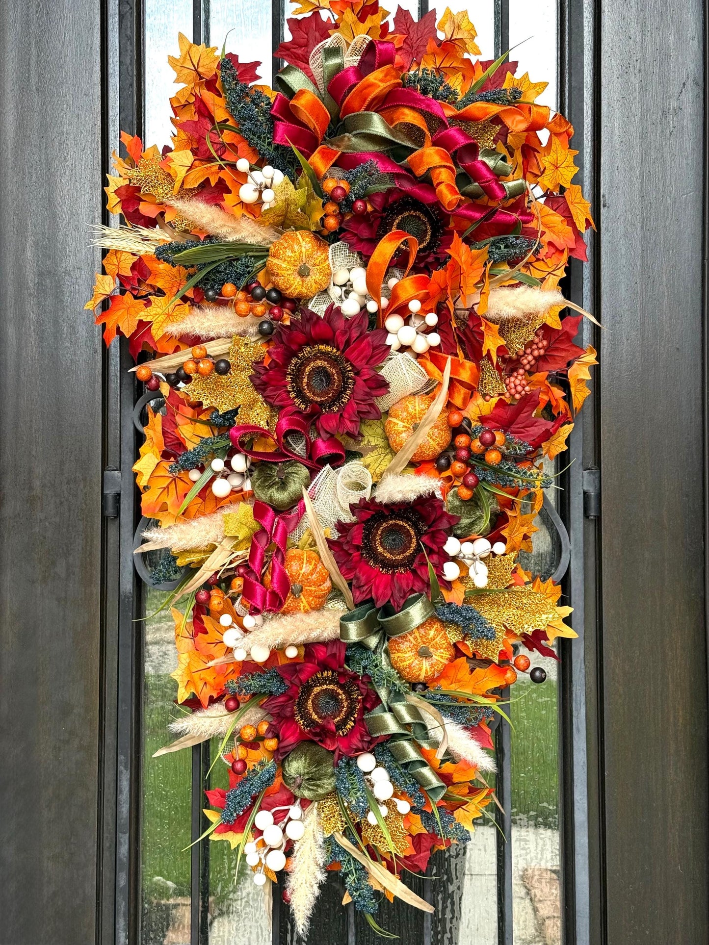 Luxury Fall Wreath for Front Door | Handmade Autumn Wreath with Pumpkins, Bows & Fall Leaves