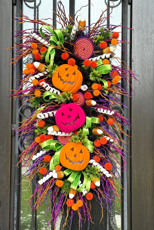 Handmade Halloween Door Swag, Jack-o-Lantern, Candy Corn Decor