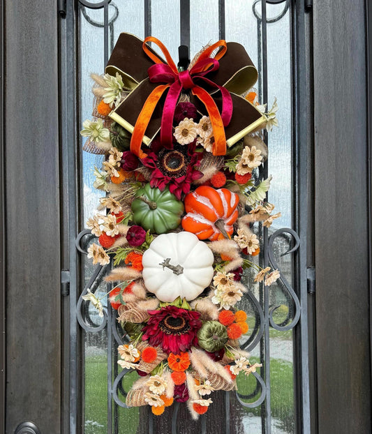 Pumpkin Door Swag, Fall Thanksgiving Wreath, Front Porch Decor