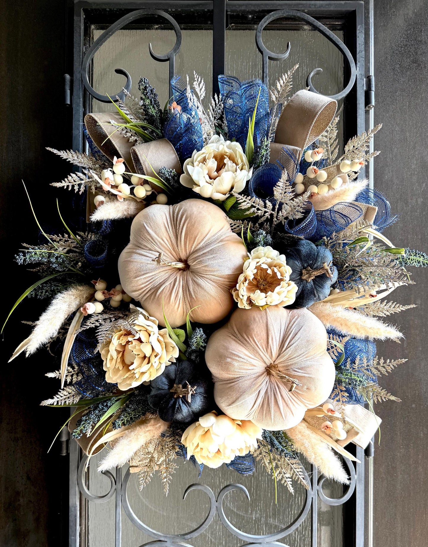 Handmade Velvet Pumpkin Fall Wreath, Thanksgiving Door Decor