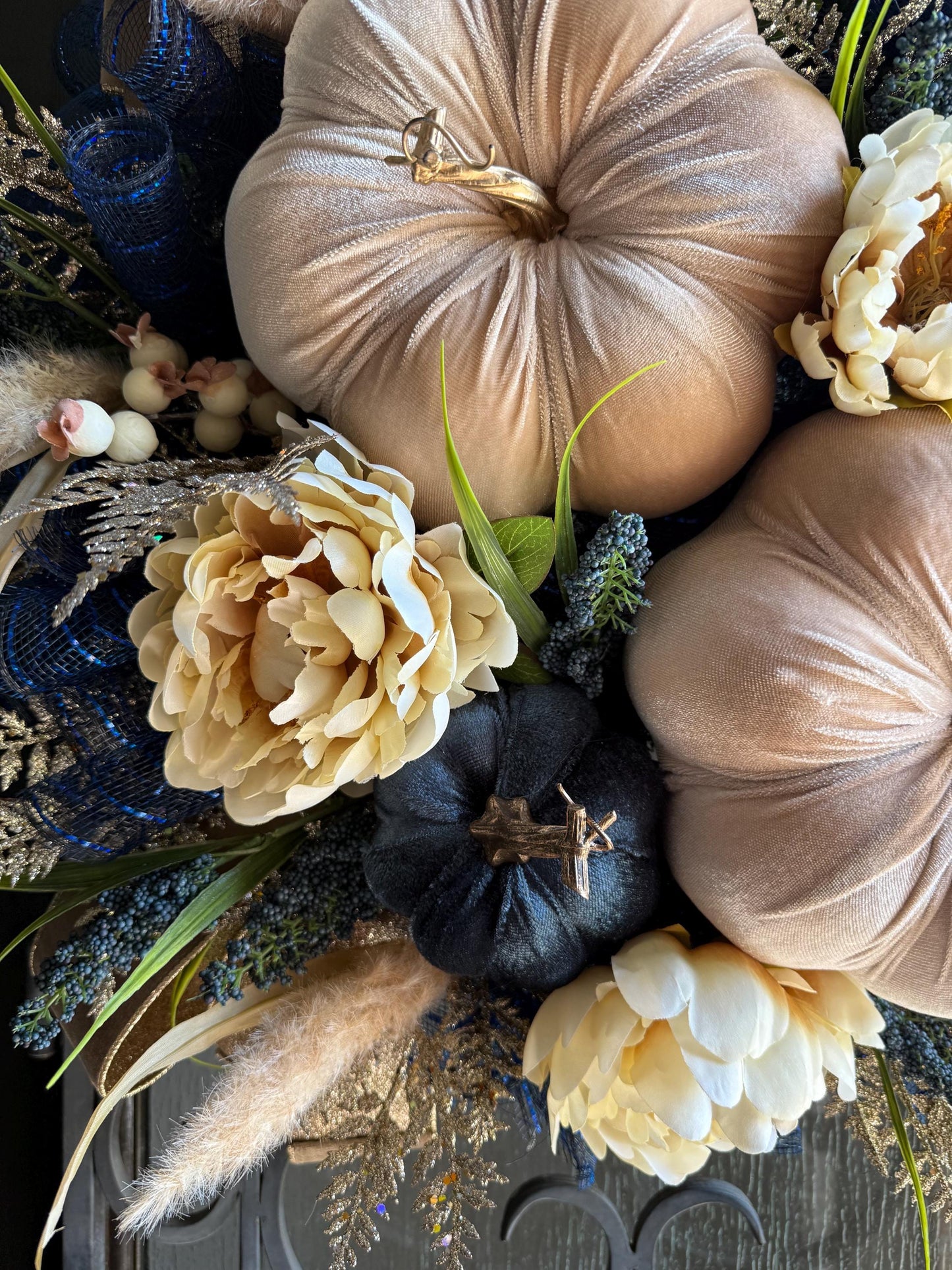 Handmade Velvet Pumpkin Fall Wreath, Thanksgiving Door Decor