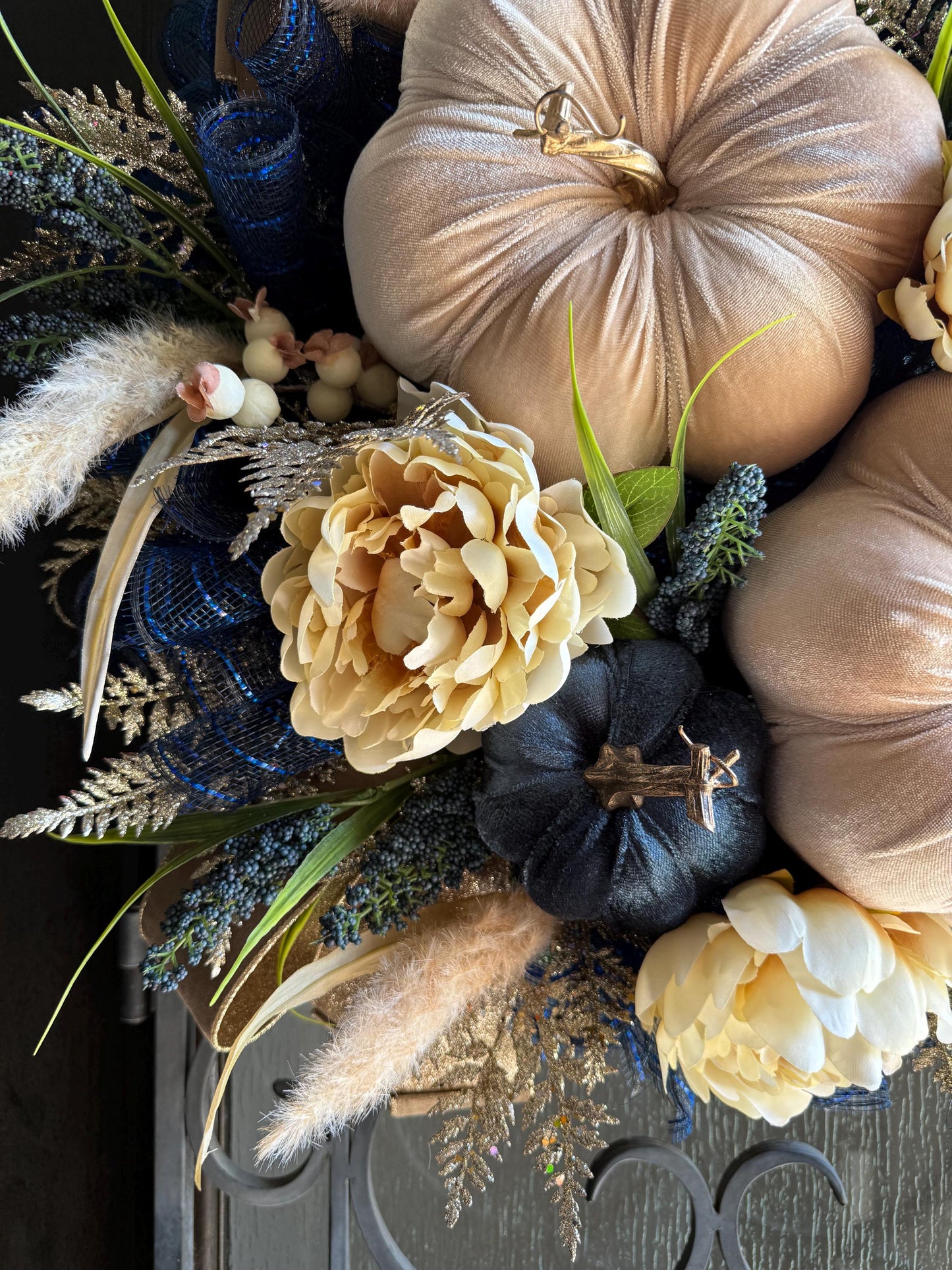 Handmade Velvet Pumpkin Fall Wreath, Thanksgiving Door Decor
