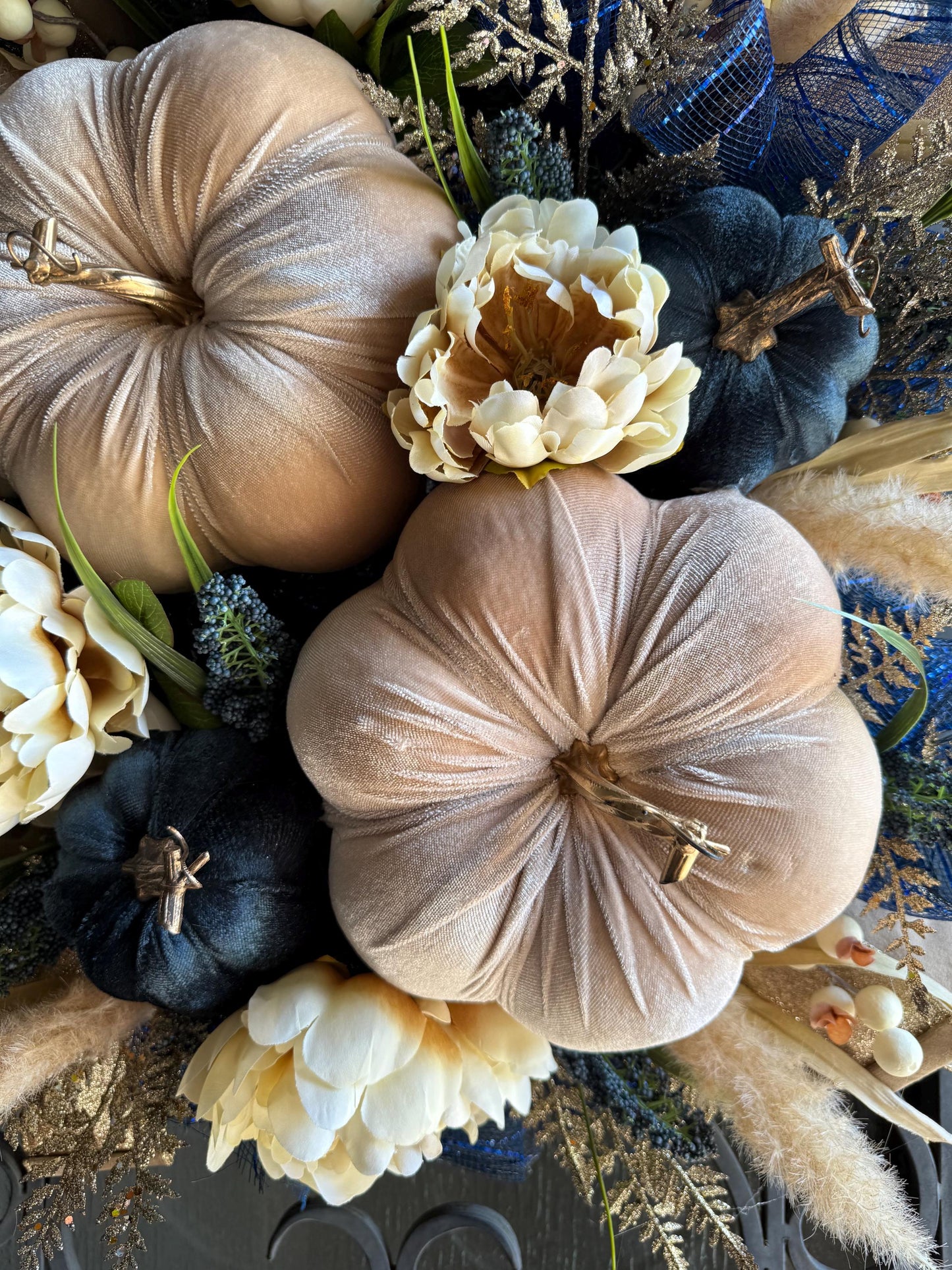 Handmade Velvet Pumpkin Fall Wreath, Thanksgiving Door Decor