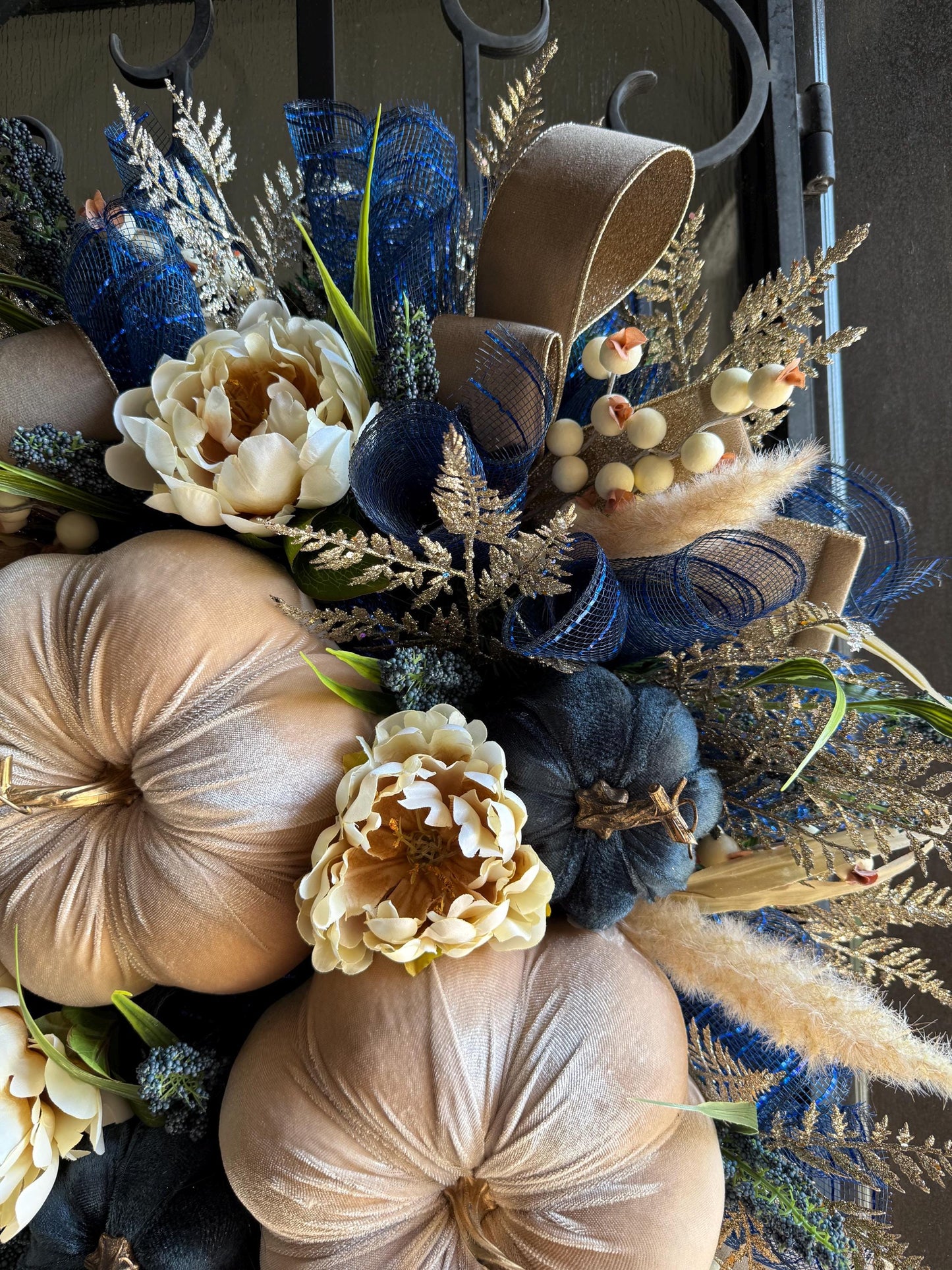 Handmade Velvet Pumpkin Fall Wreath, Thanksgiving Door Decor