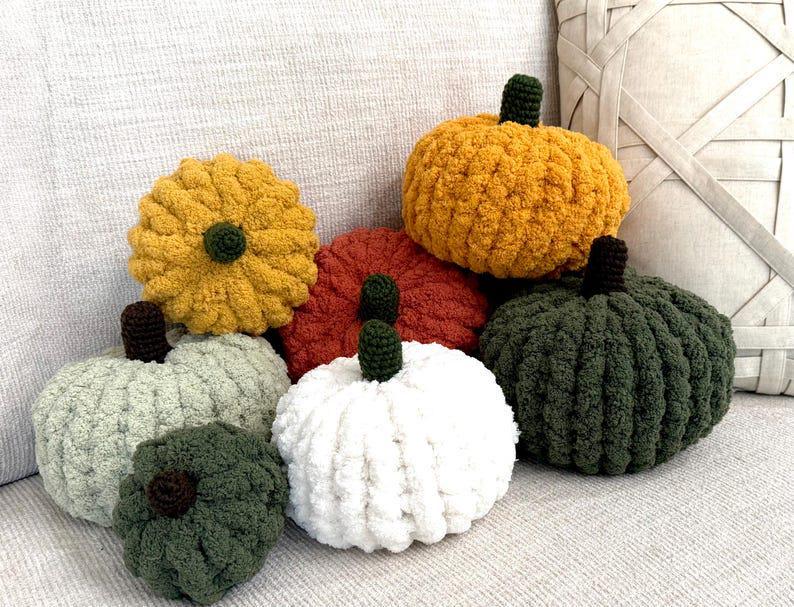 Set of 7 Handmade Chunky Knit Chenille Pumpkins, Fall Decor
