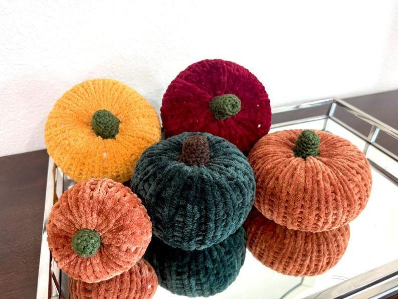 Set of 5 Velvet Chenille Knit Pumpkins, Knit Pumpkins, Fall Decor, Soft Pumpkins, Thanksgiving Deco, Harvest Decor, Halloween Decor