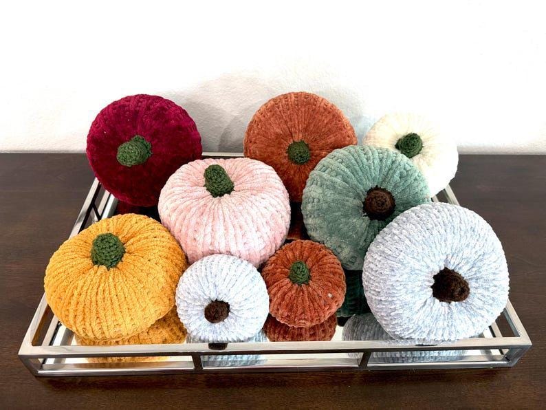Set of 9 Velvet Chenille Knit Pumpkins, Knit Pumpkins, Fall Decor, Soft Pumpkins, Thanksgiving Deco, Harvest Decor, Halloween Decor