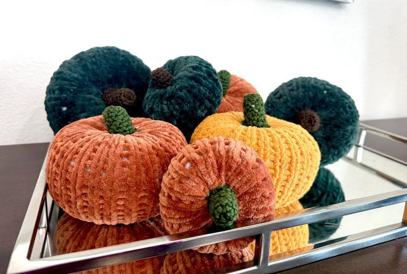Handmade Velvet Chenille Knit Pumpkins, Fall Harvest Decor, Set of 7