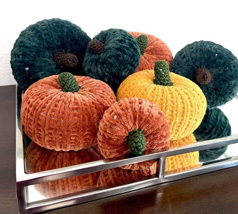 Handmade Velvet Chenille Knit Pumpkins, Fall Harvest Decor, Set of 7