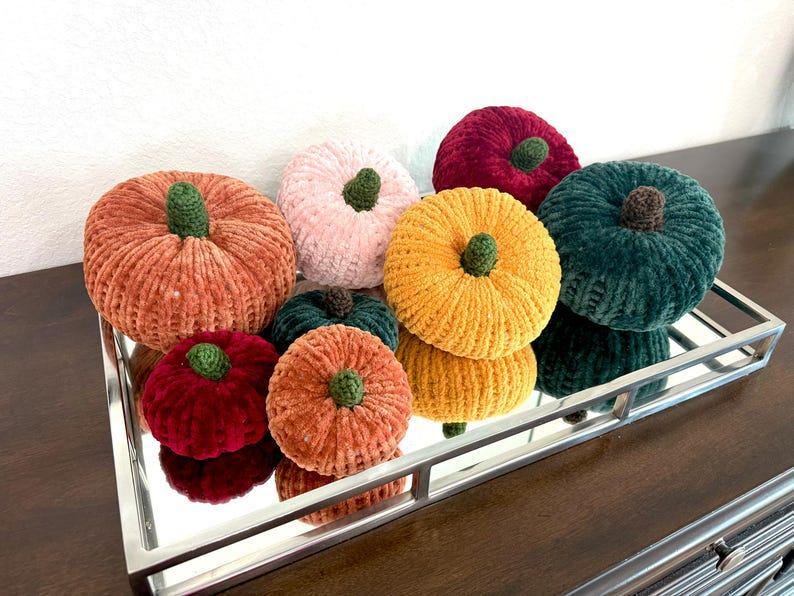 Set of 8 Velvet Chenille Knit Pumpkins, Knit Pumpkins, Fall Decor, Soft Pumpkins, Thanksgiving Deco, Harvest Decor, Halloween Decor