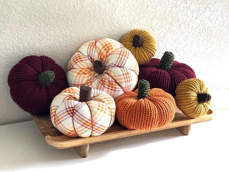 Set of 7 Knit and Flannel Pumpkins | Handmade Fall Decor | Thanksgiving decorations | Autumn Table Centerpiece