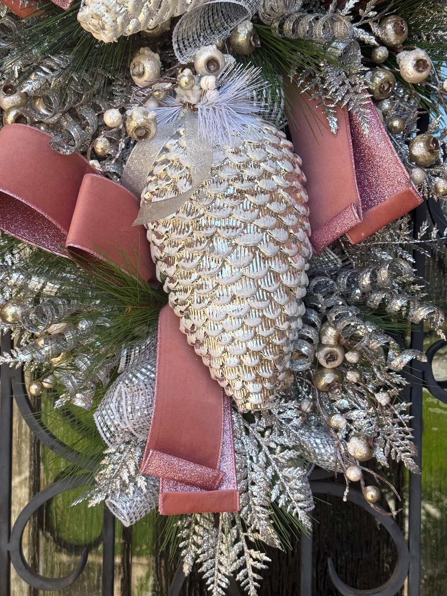 Silver and Pink Christmas Swag Wreath, Holiday Porch Decor