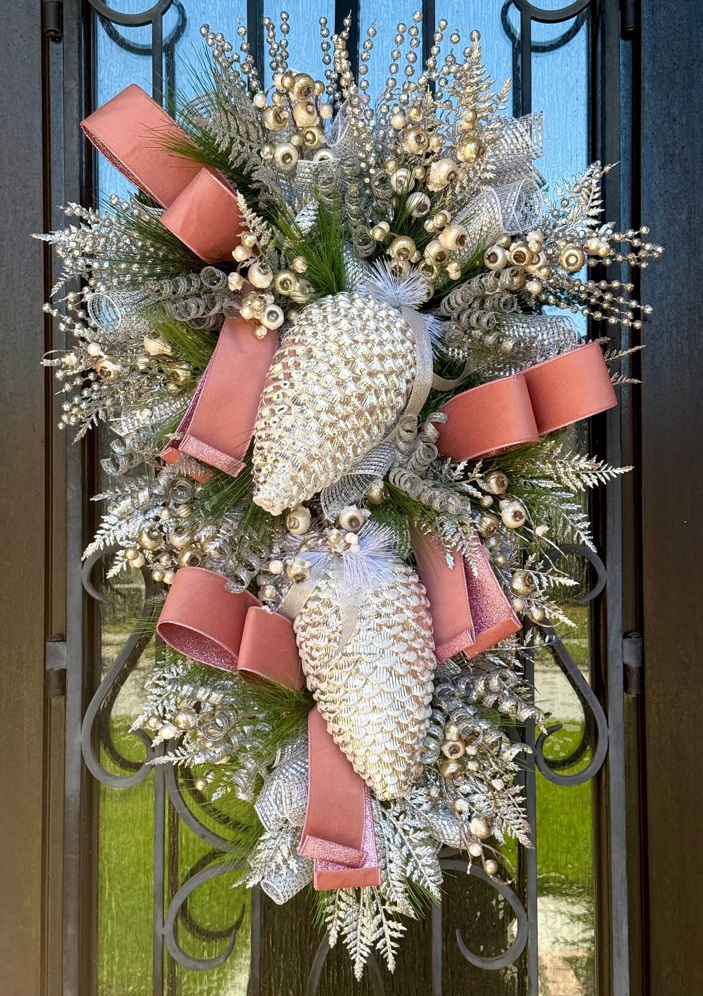 Silver and Pink Christmas Swag Wreath, Holiday Porch Decor