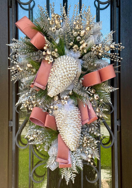 Silver and Pink Christmas Swag Wreath, Holiday Porch Decor