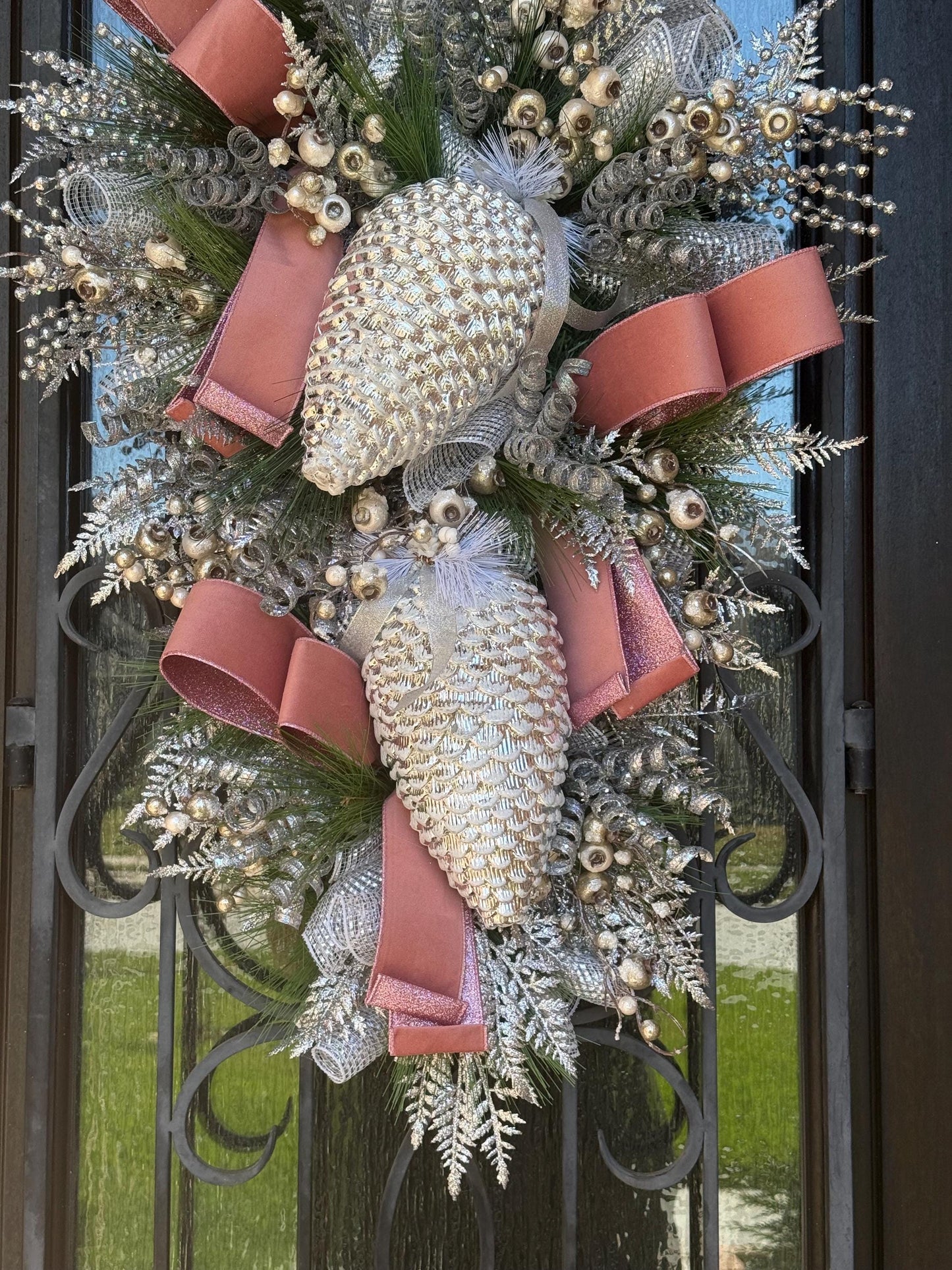 Silver and Pink Christmas Swag Wreath, Holiday Porch Decor
