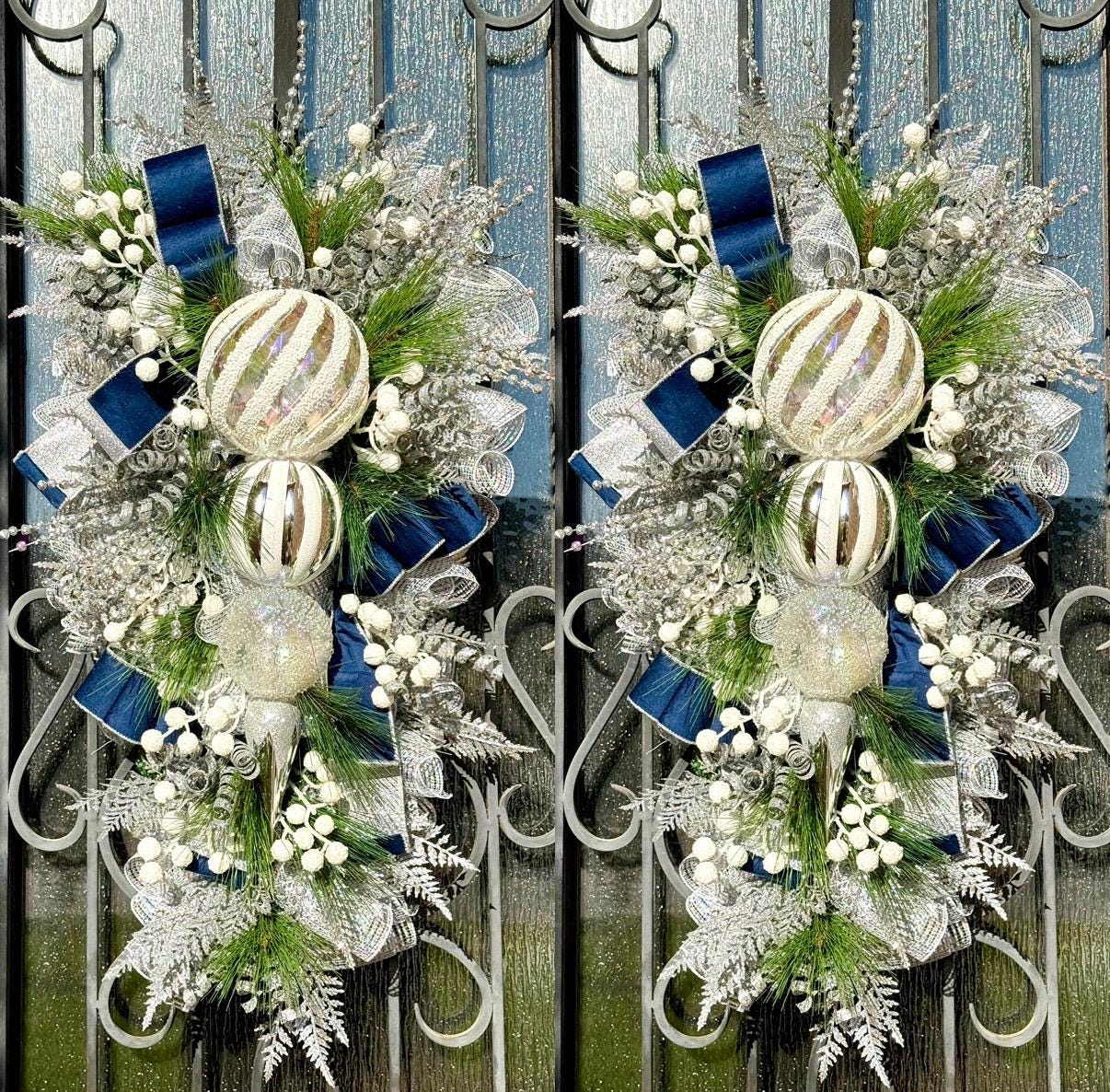Silver & Blue Christmas Swag Wreath, Holiday Porch Decor