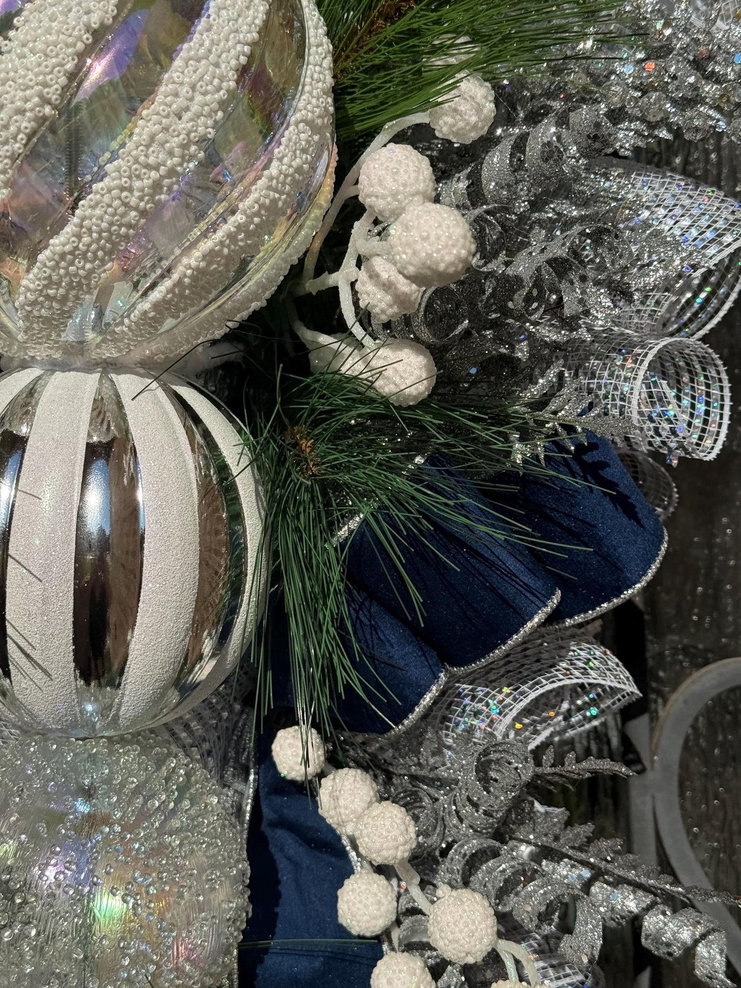 Silver & Blue Christmas Swag Wreath, Holiday Porch Decor