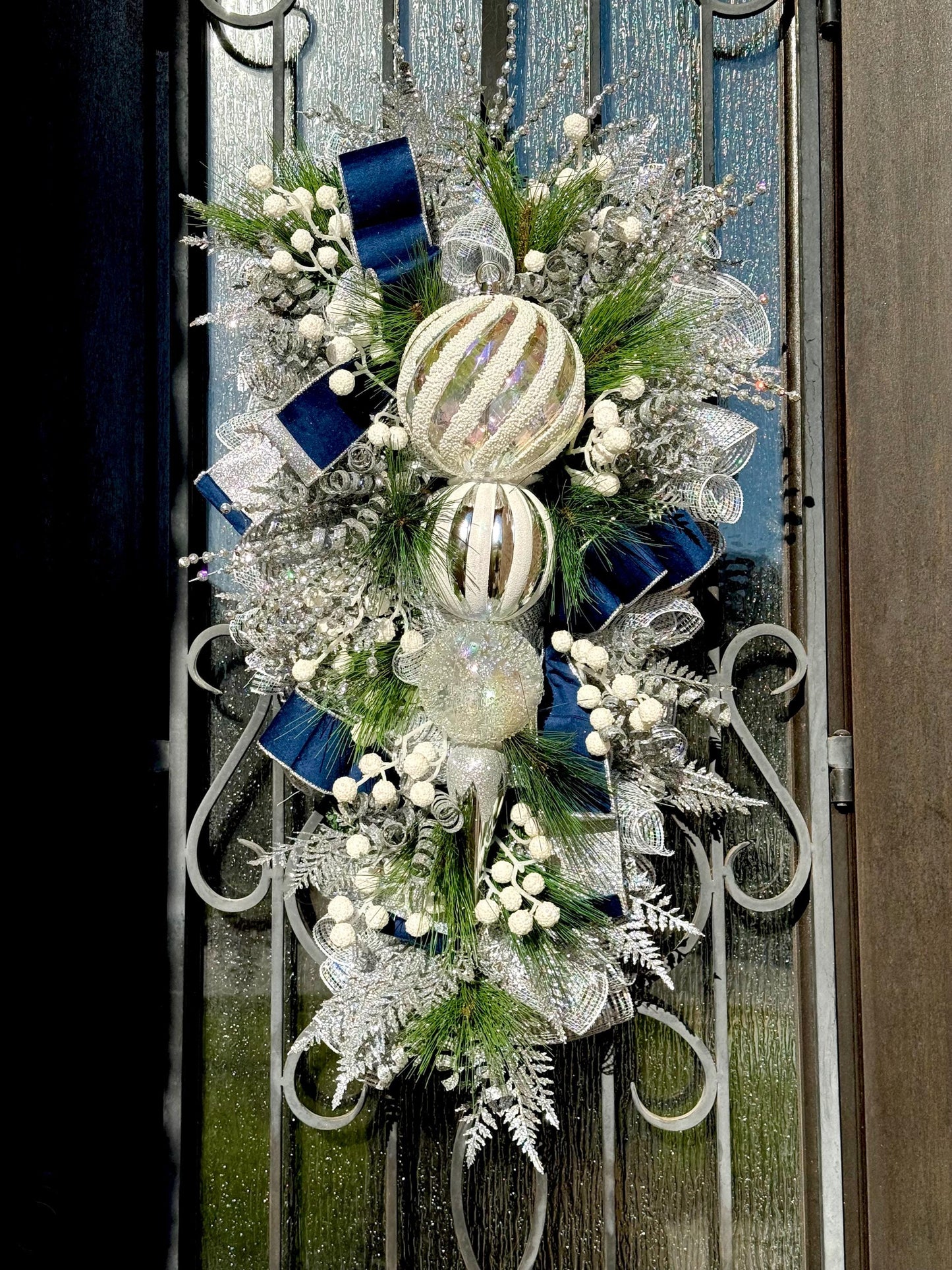 Silver & Blue Christmas Swag Wreath, Holiday Porch Decor