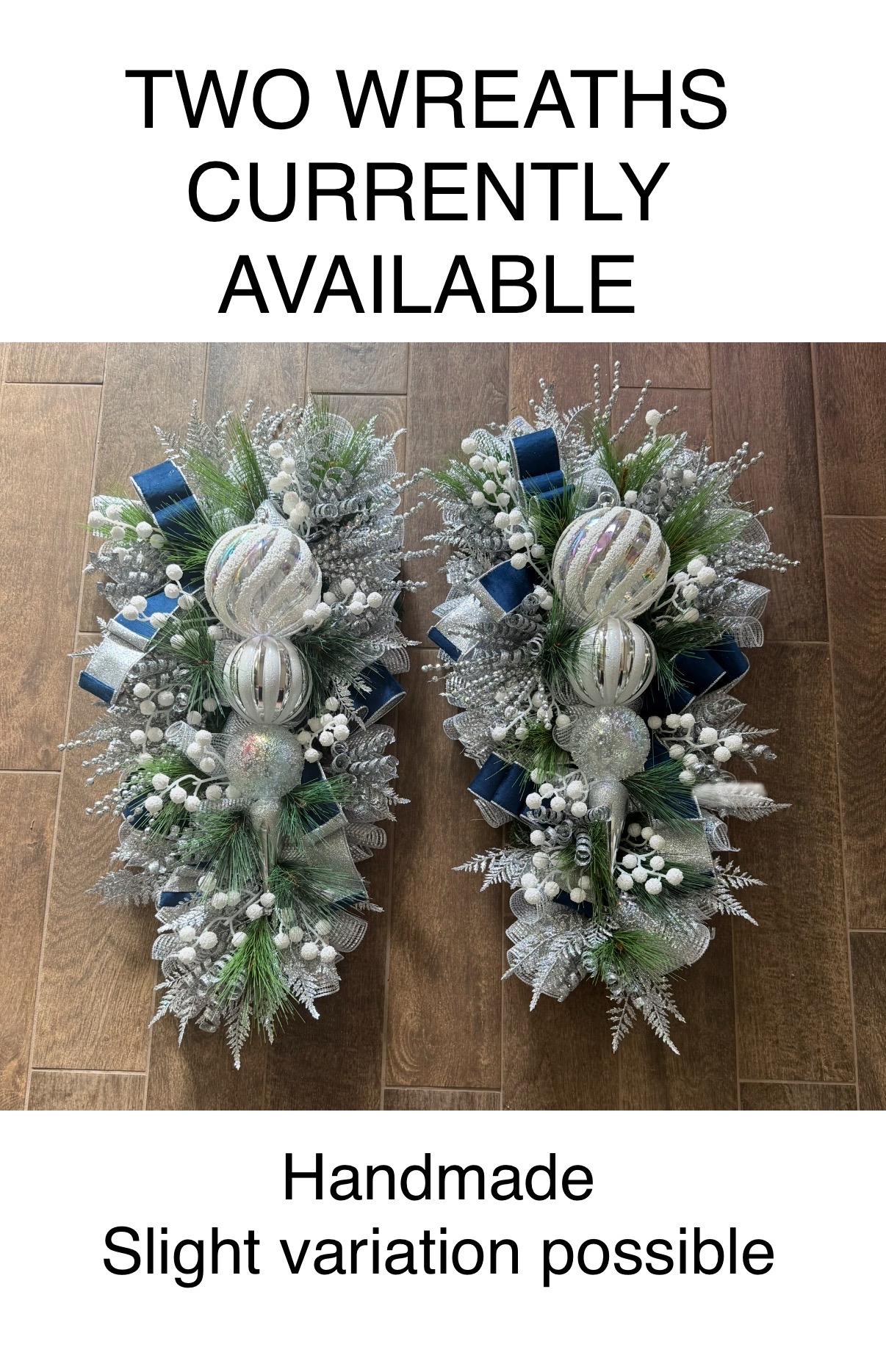 Silver & Blue Christmas Swag Wreath, Holiday Porch Decor