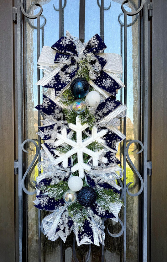 Snowflake Christmas Swag, Navy Silver Holiday Wreath