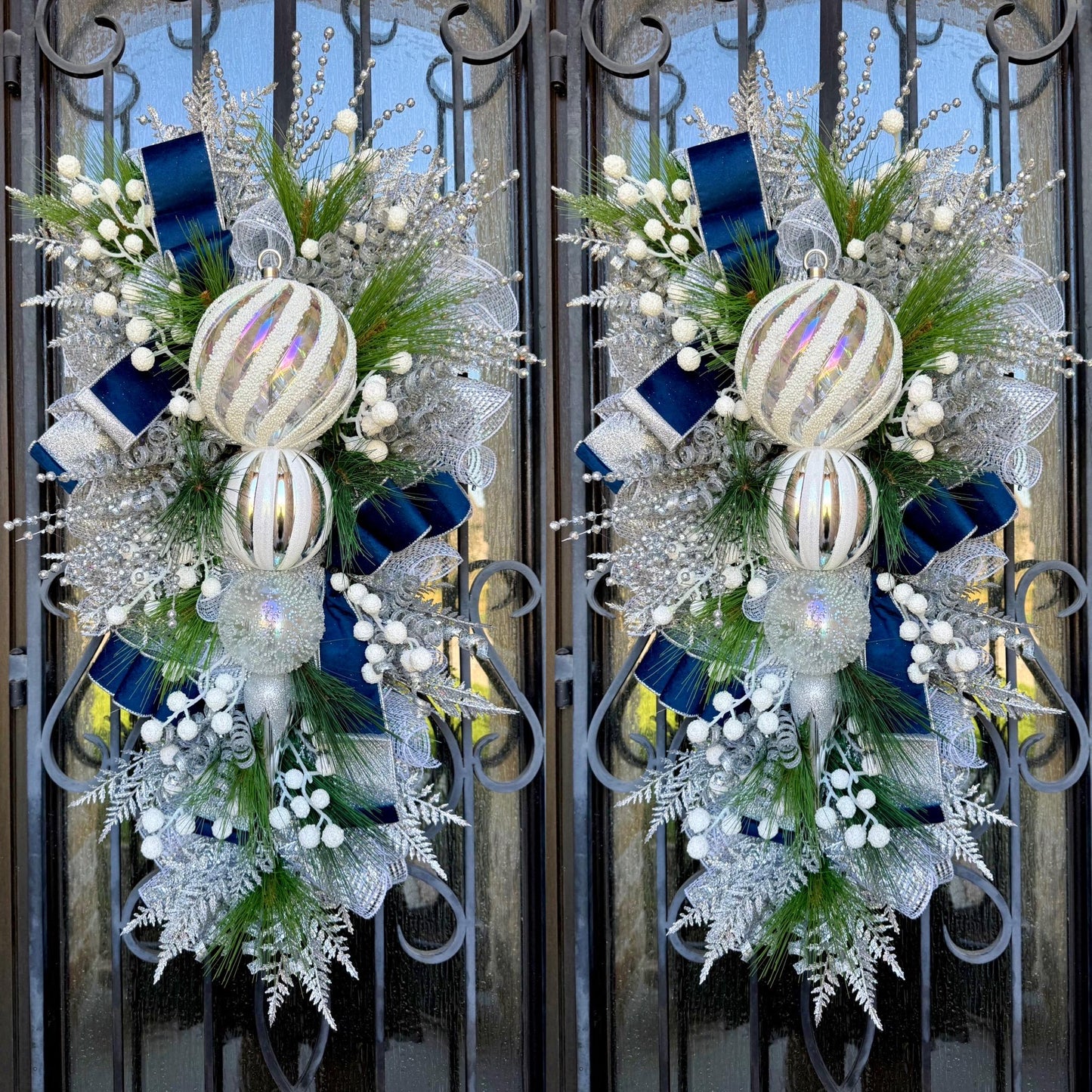 Silver & Blue Christmas Swag Wreath, Holiday Porch Decor