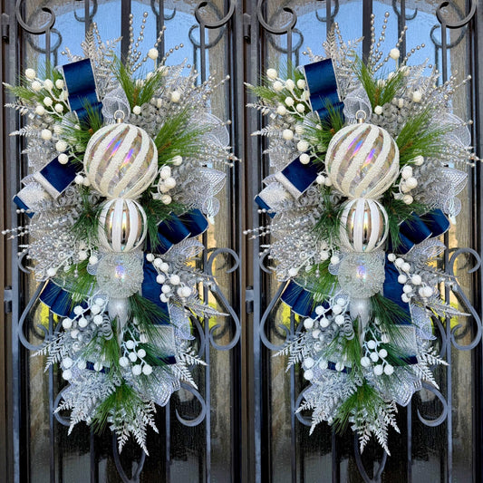Silver & Blue Christmas Swag Wreath, Holiday Porch Decor