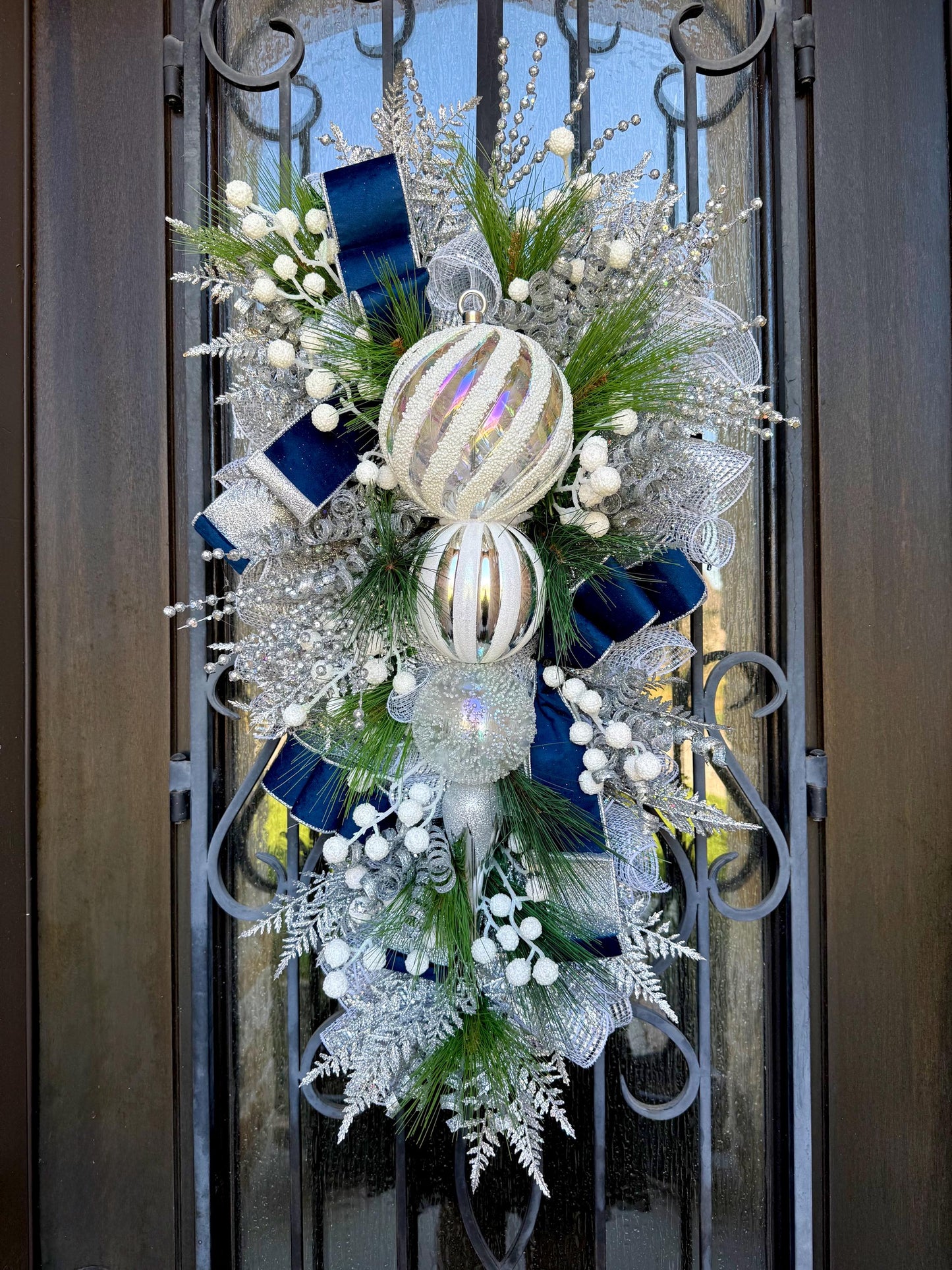 Silver & Blue Christmas Swag Wreath, Holiday Porch Decor