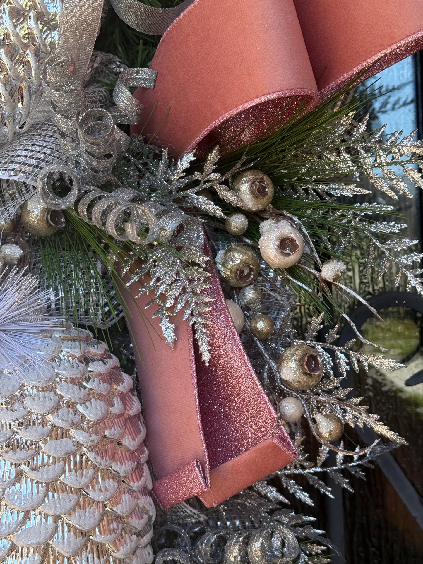 Silver and Pink Christmas Swag Wreath, Holiday Porch Decor