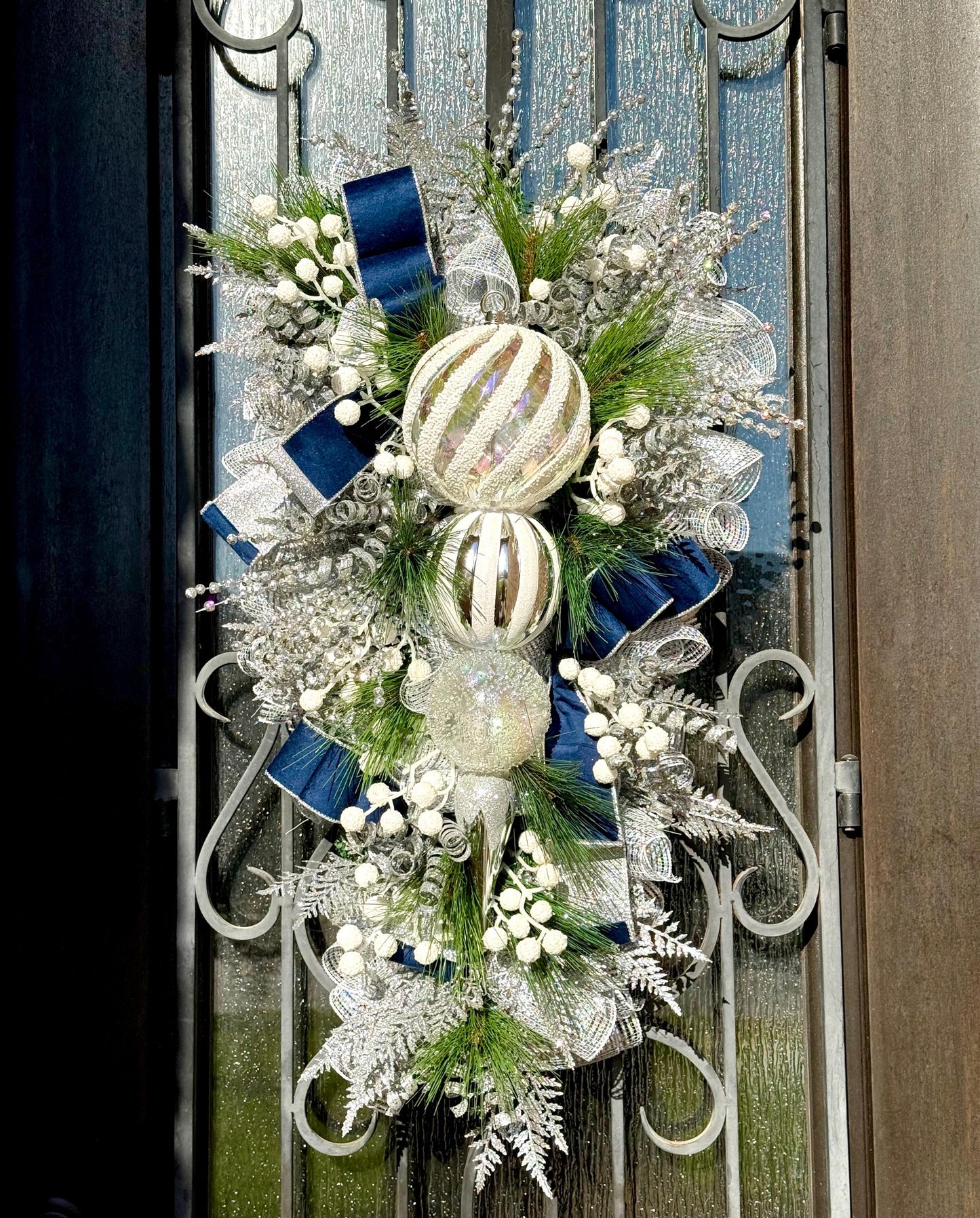 Silver & Blue Christmas Swag Wreath, Holiday Porch Decor
