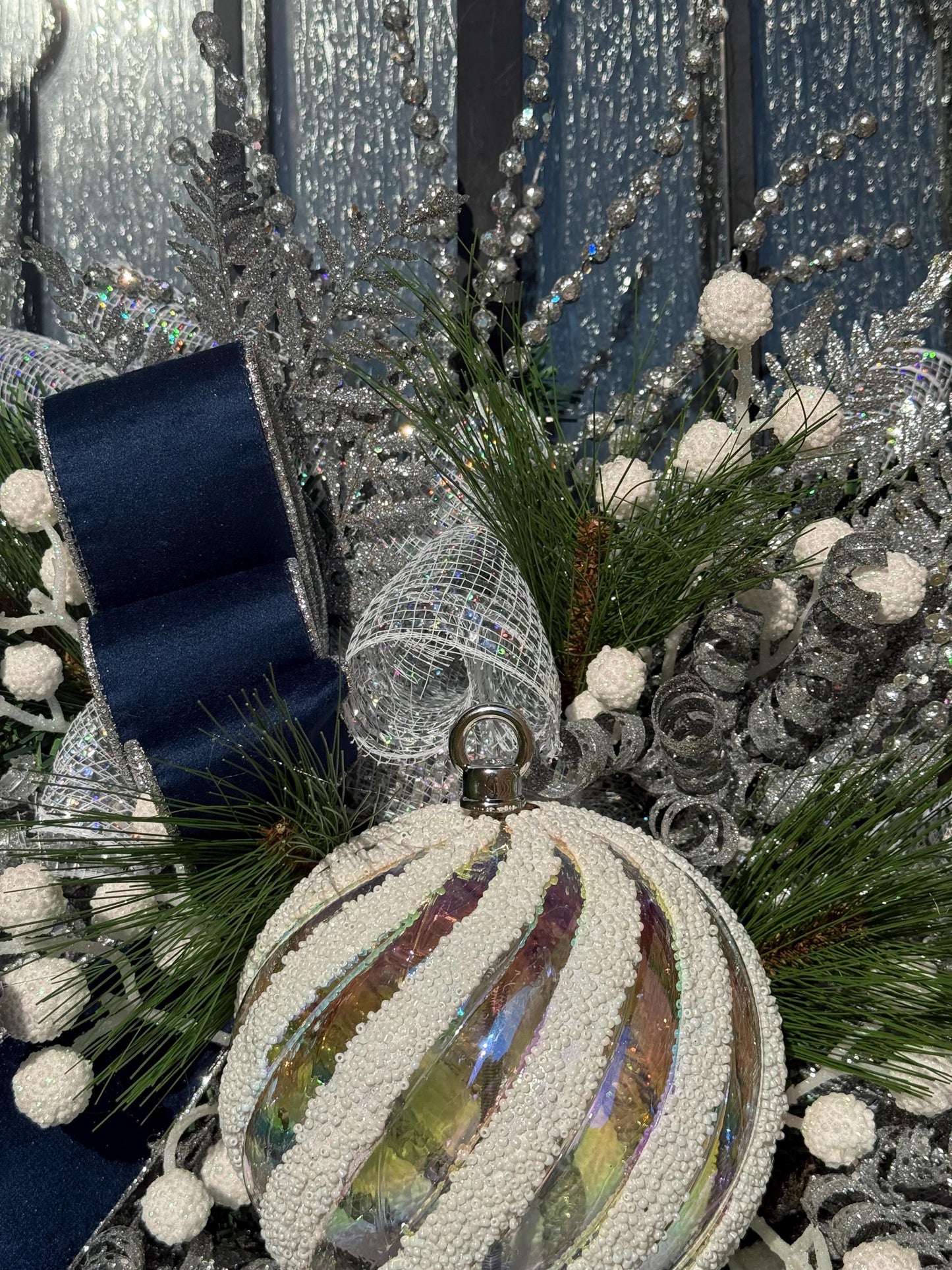 Silver & Blue Christmas Swag Wreath, Holiday Porch Decor