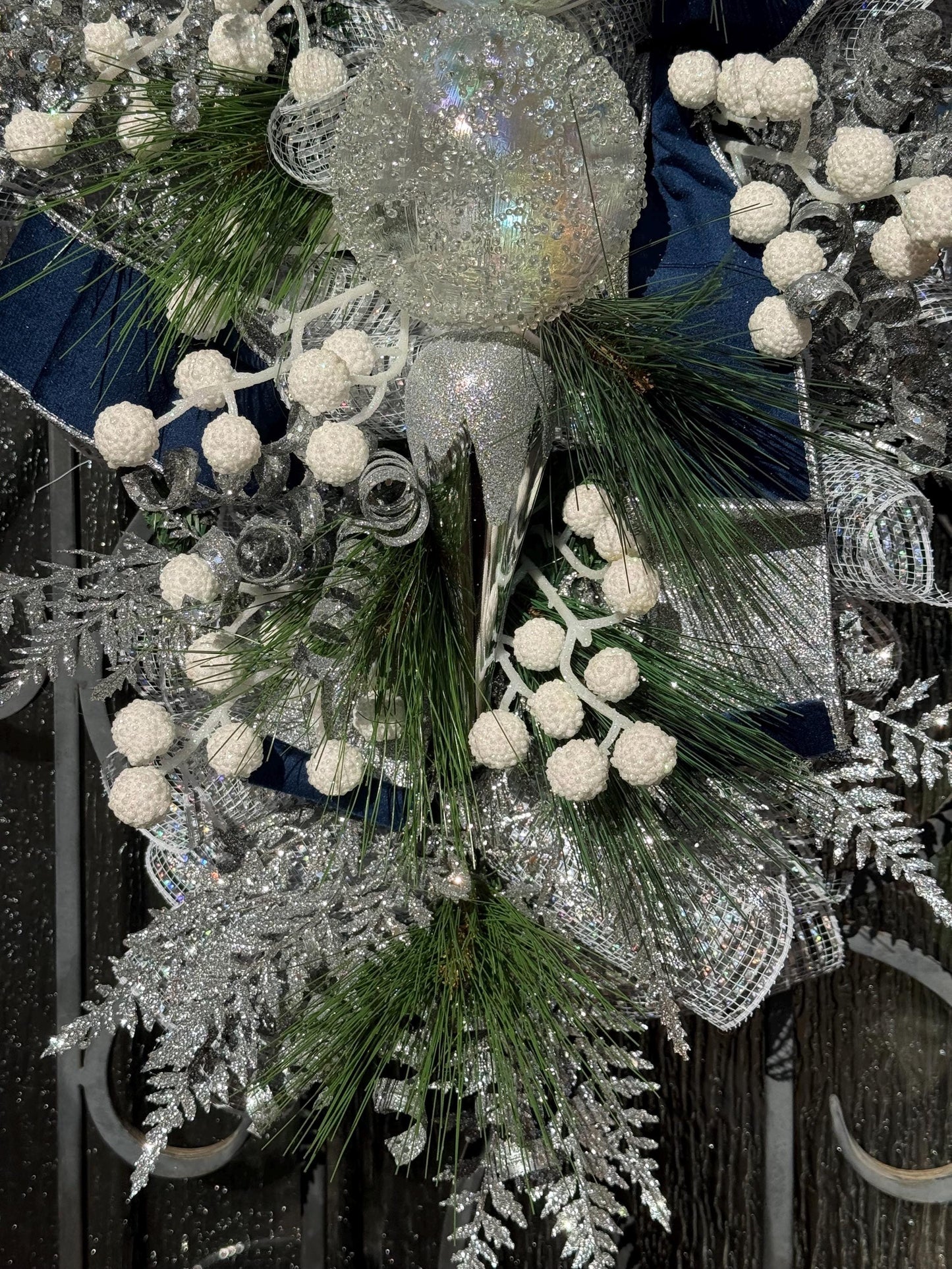 Silver & Blue Christmas Swag Wreath, Holiday Porch Decor