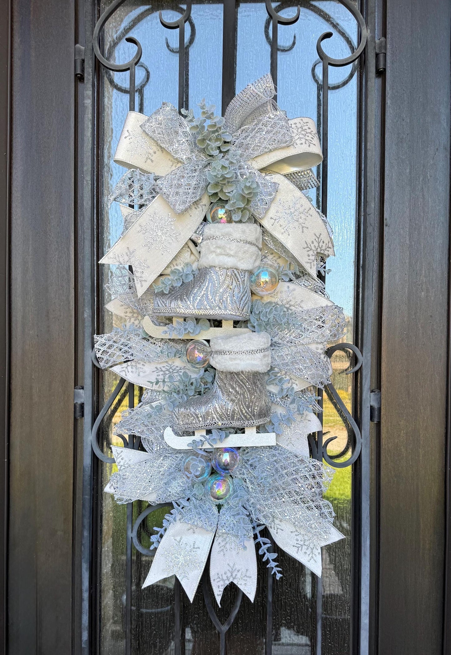 Ice Skates Christmas Swag, Silver White Holiday Wreath