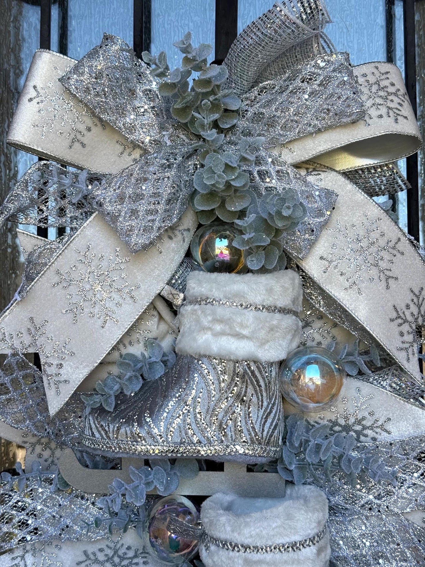 Ice Skates Christmas Swag, Silver White Holiday Wreath