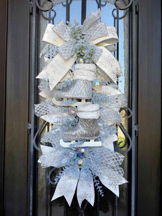 Ice Skates Christmas Swag, Silver White Holiday Wreath
