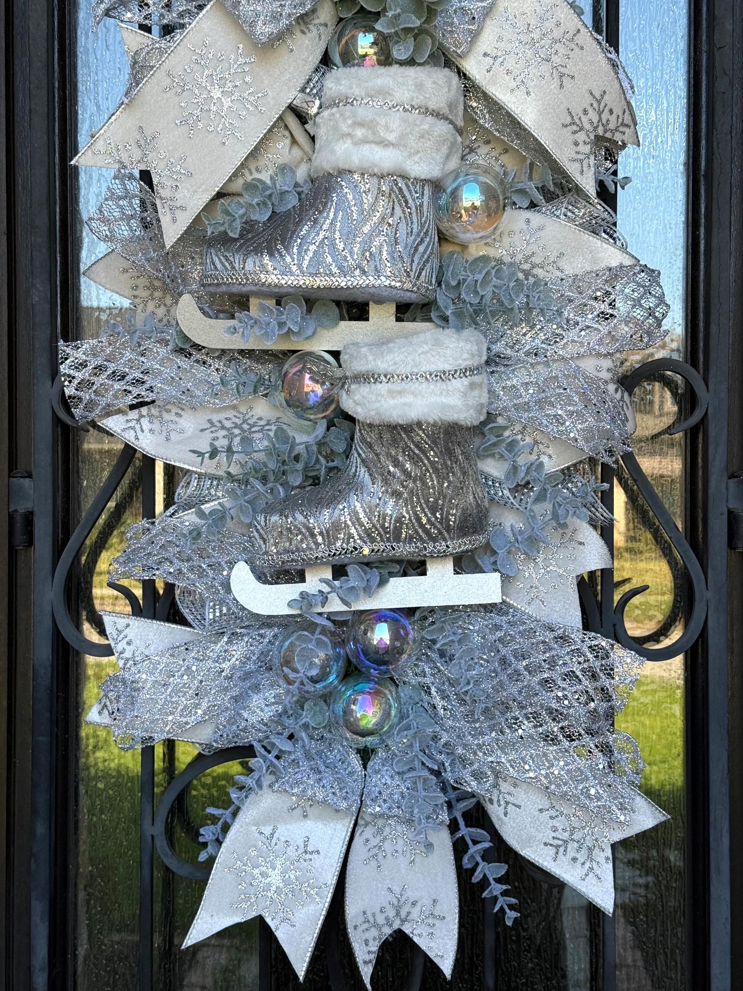 Ice Skates Christmas Swag, Silver White Holiday Wreath