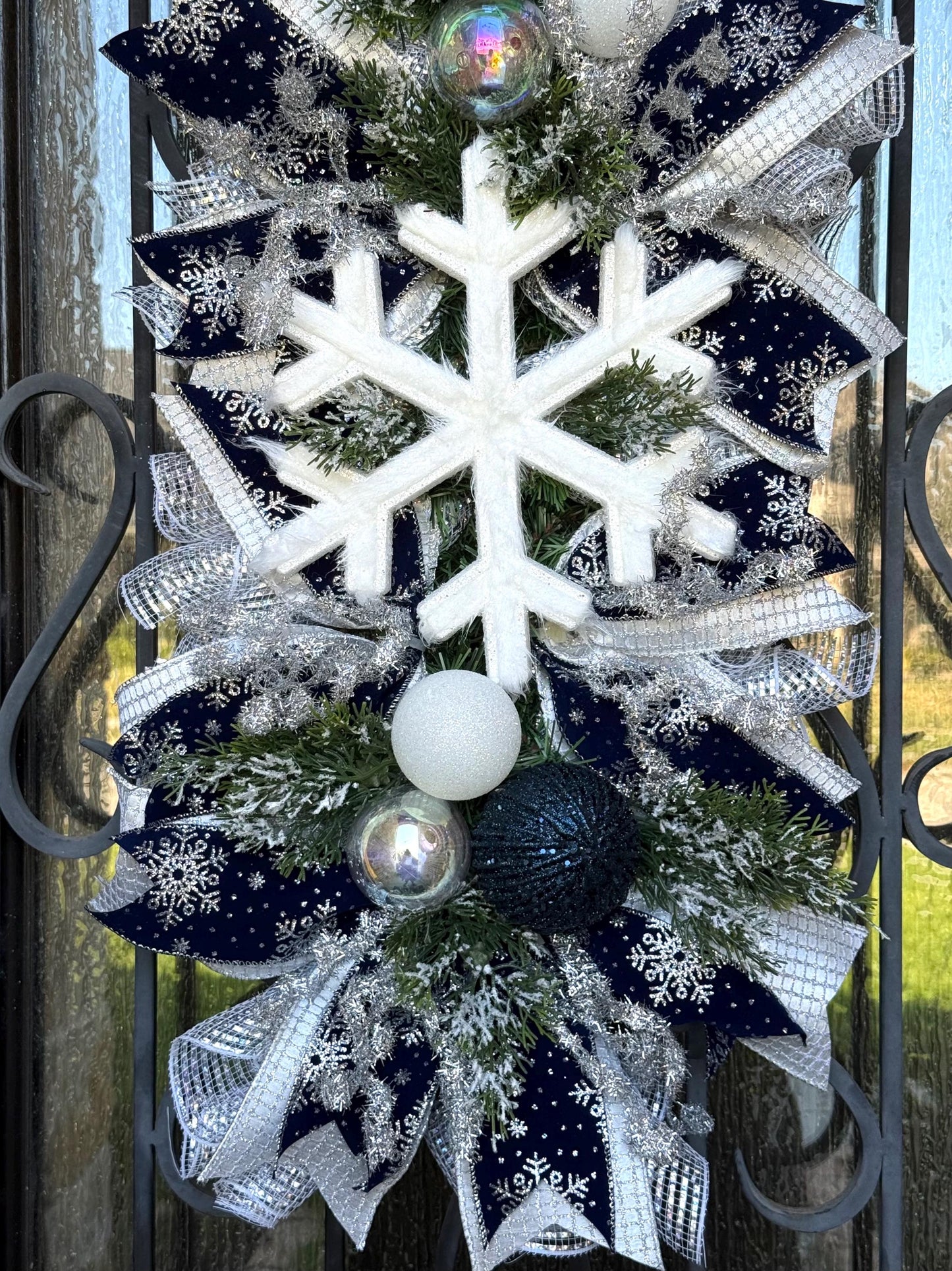 Snowflake Christmas Swag, Navy Silver Holiday Wreath