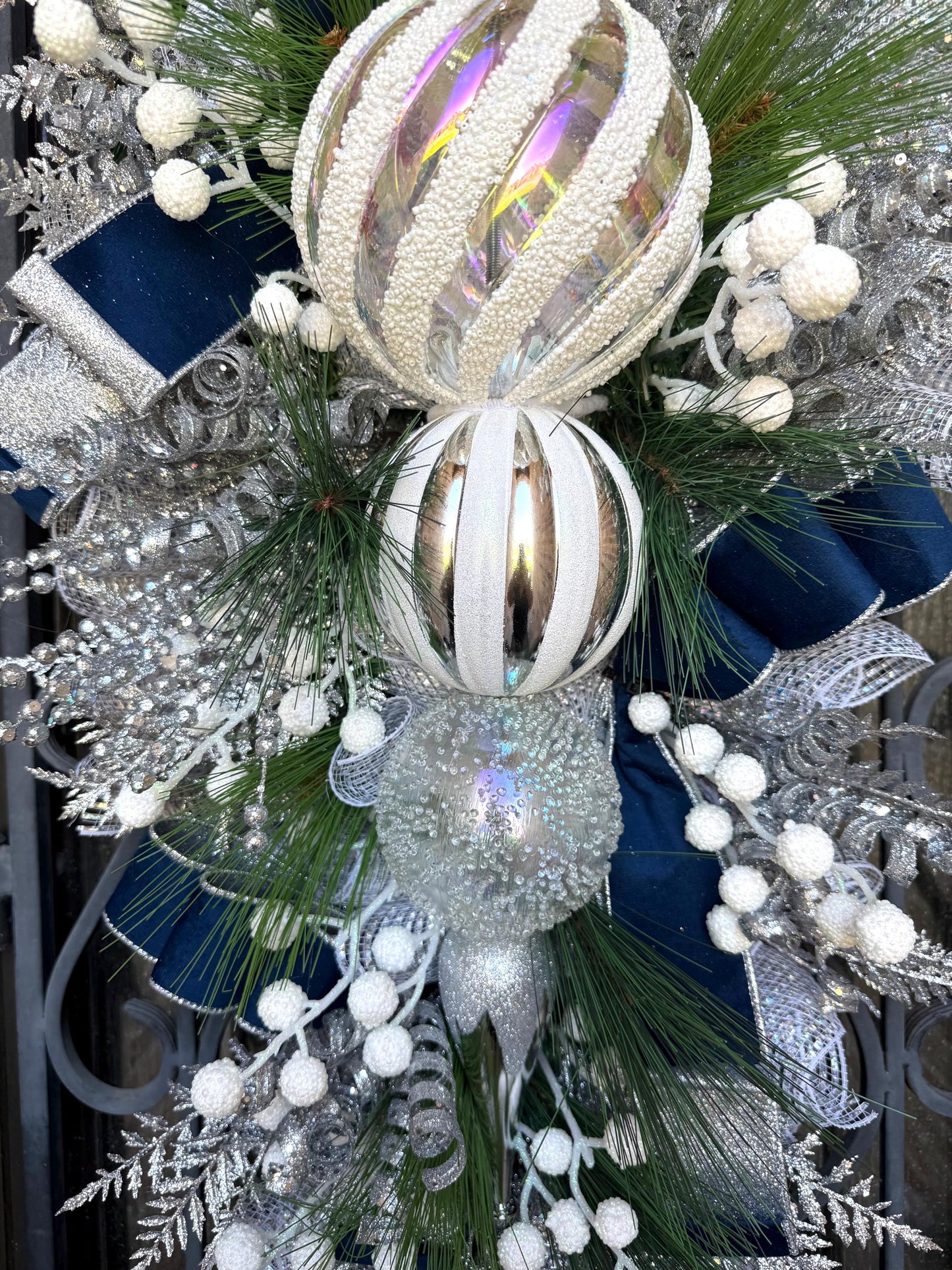 Silver & Blue Christmas Swag Wreath, Holiday Porch Decor