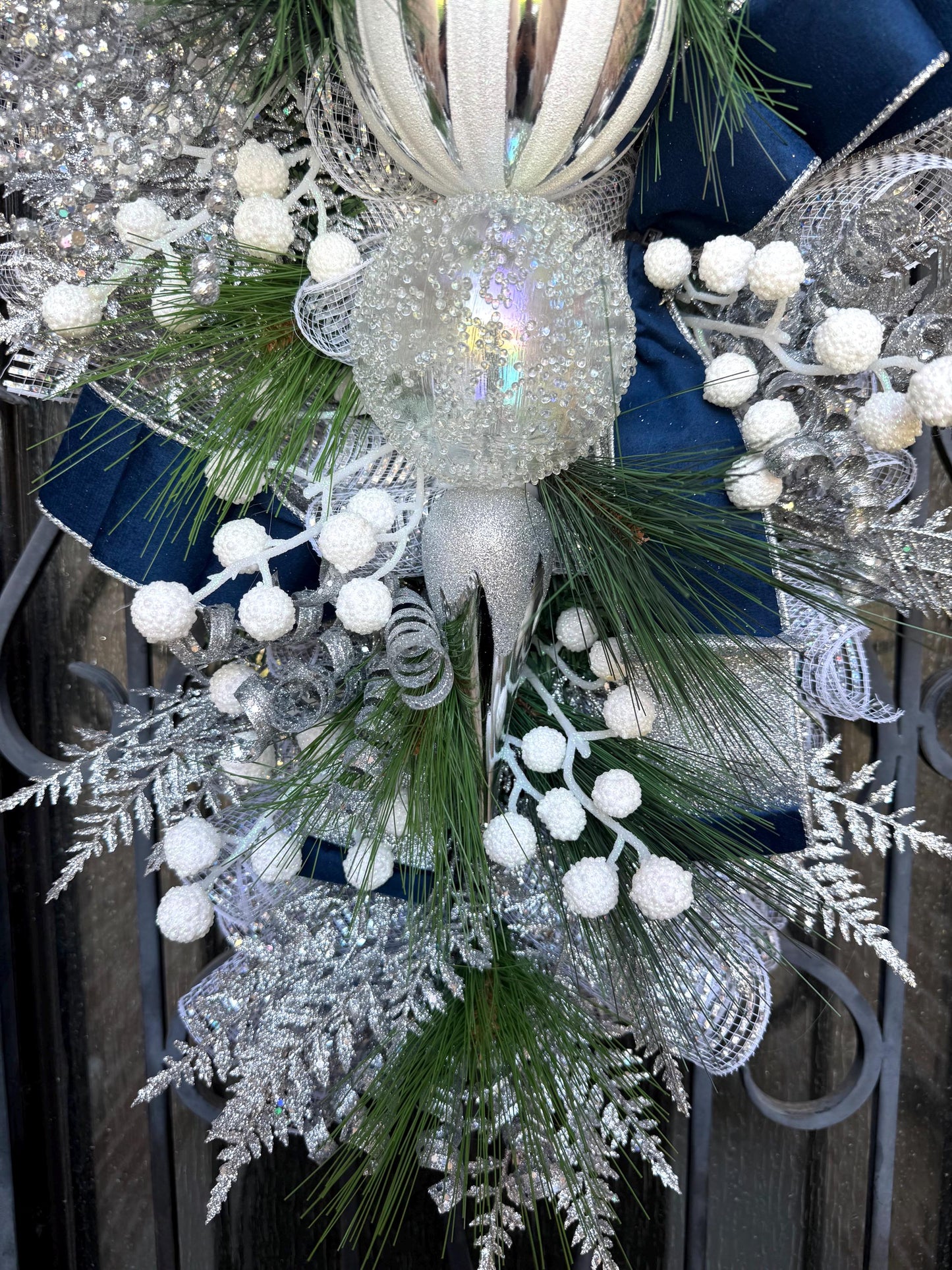 Silver & Blue Christmas Swag Wreath, Holiday Porch Decor
